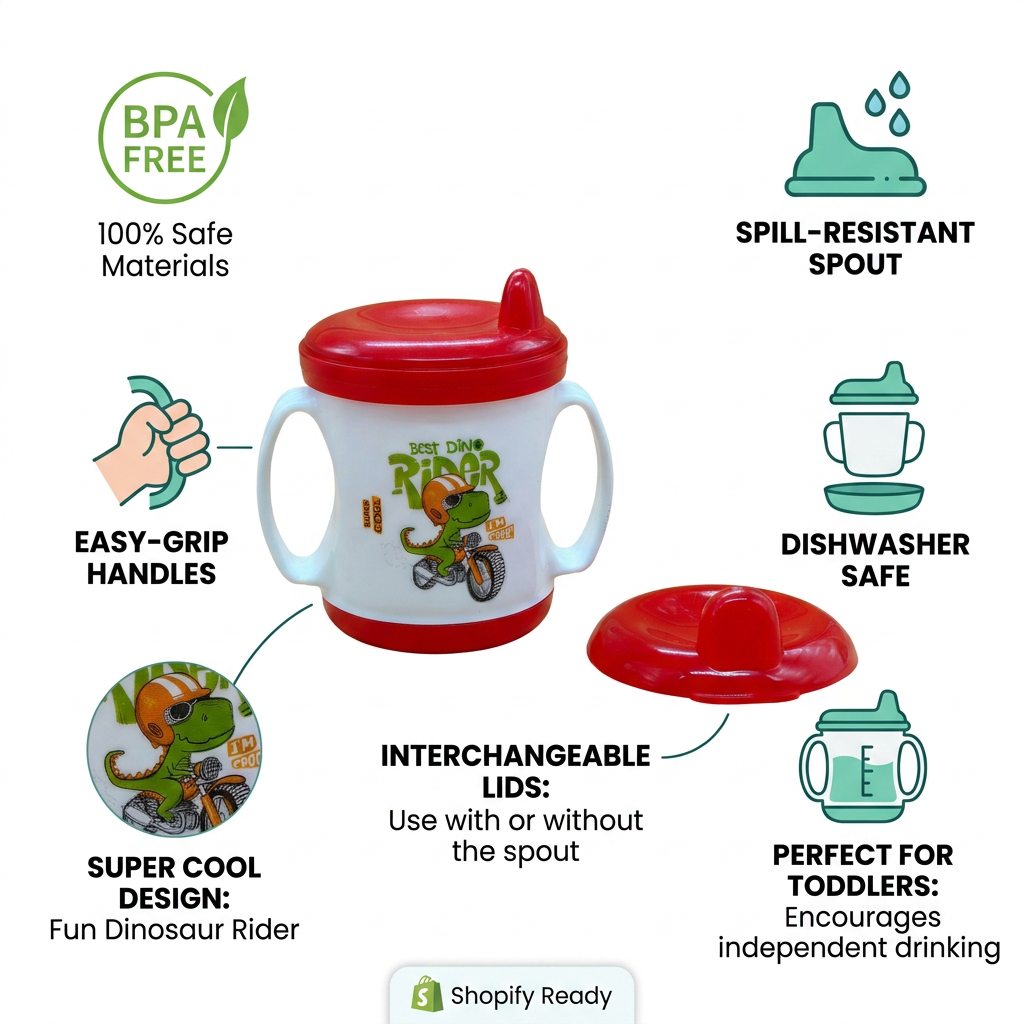 Kids Boon Dino Rider Toddler Sippy Cup | Spill-Proof Training Cup with Easy-Grip Handles | Red/White