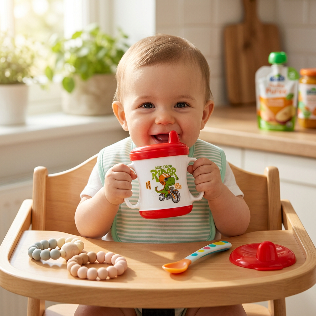 Kids Boon Dino Rider Toddler Sippy Cup | Spill-Proof Training Cup with Easy-Grip Handles | Red/White