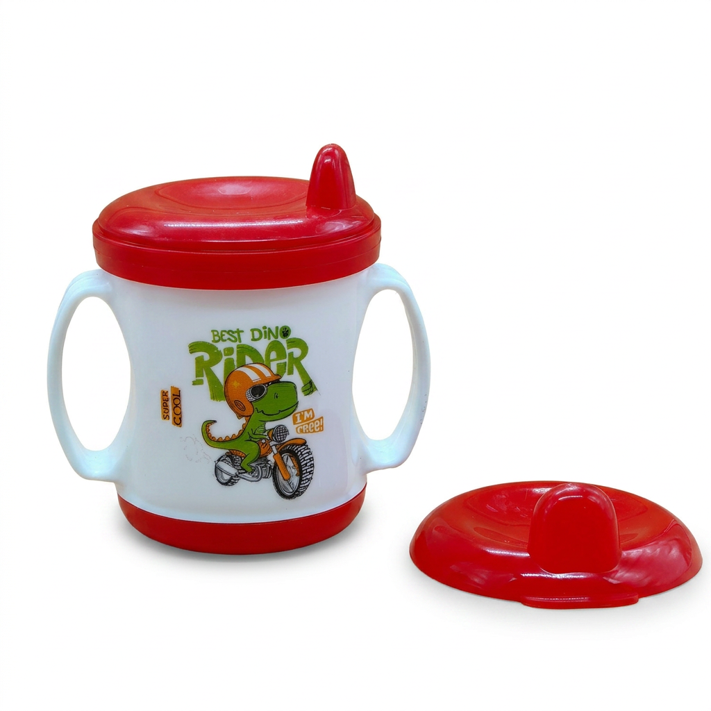 Kids Boon Dino Rider Toddler Sippy Cup | Spill-Proof Training Cup with Easy-Grip Handles | Red/White