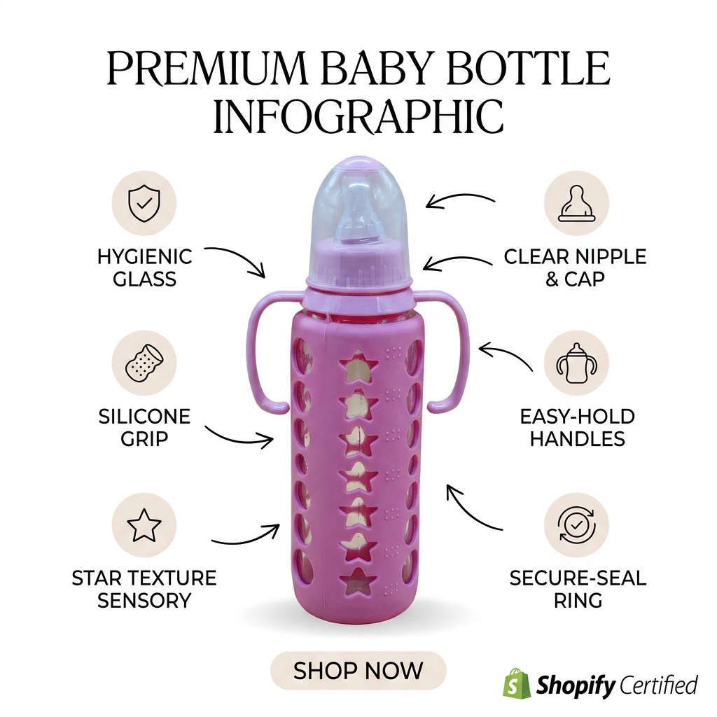 Kids Boon Premium Glass Baby Feeding Bottle with Pink Silicone Star Sleeve & Handles