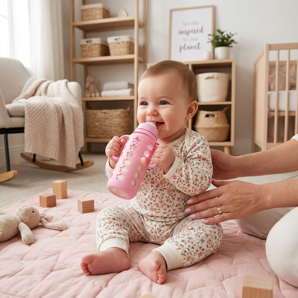 Kids Boon Premium Glass Baby Feeding Bottle with Pink Silicone Star Sleeve & Handles