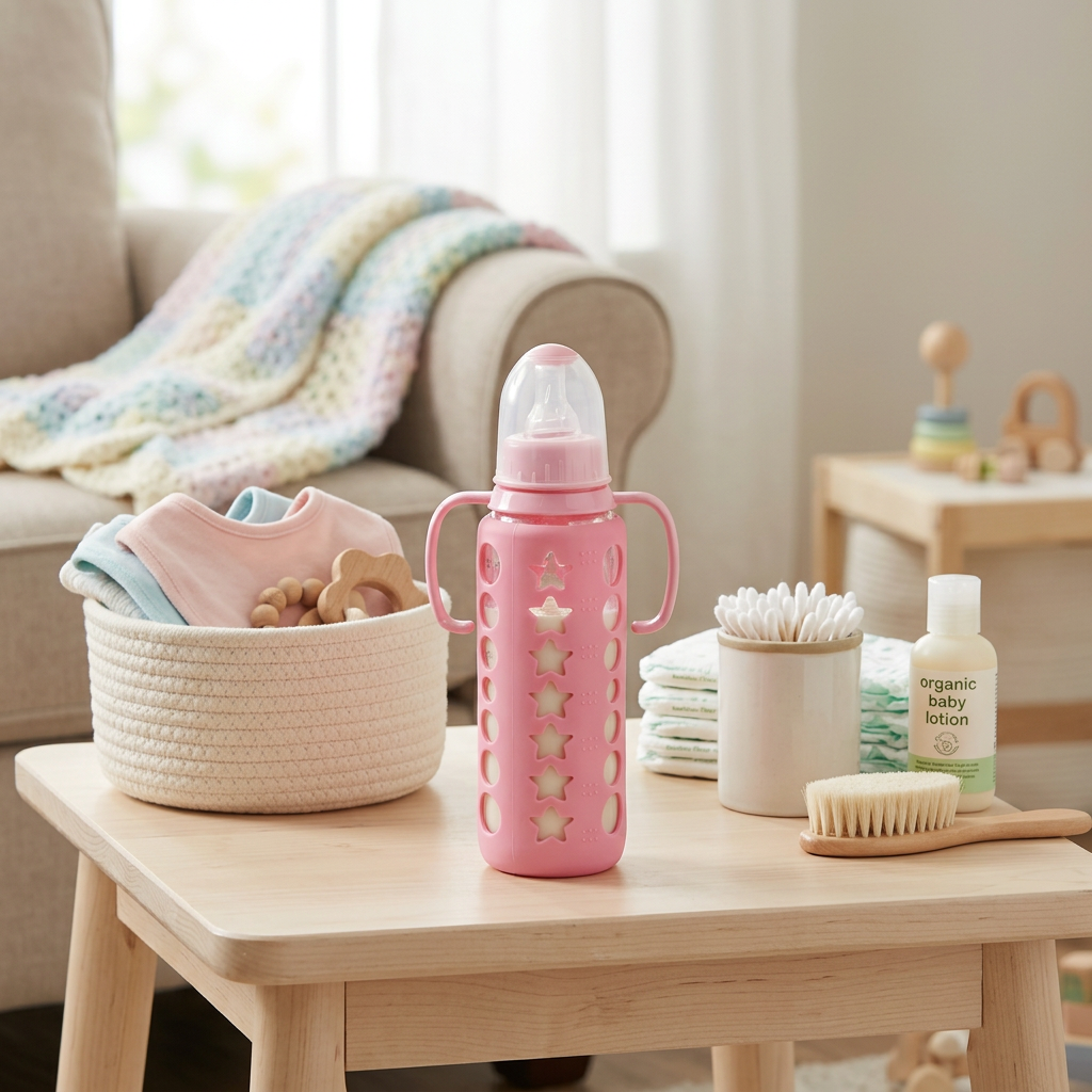 Kids Boon Premium Glass Baby Feeding Bottle with Pink Silicone Star Sleeve & Handles