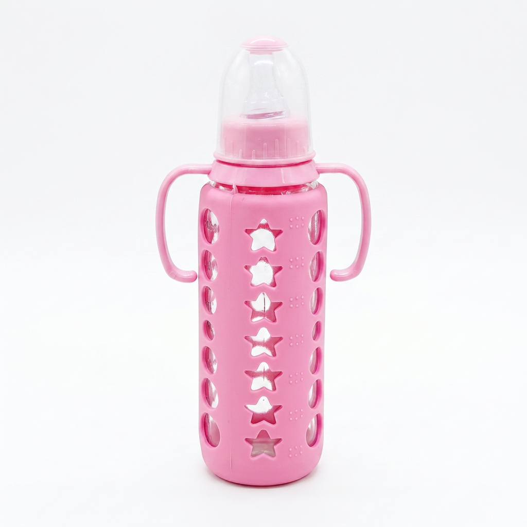 Kids Boon Premium Glass Baby Feeding Bottle with Pink Silicone Star Sleeve & Handles