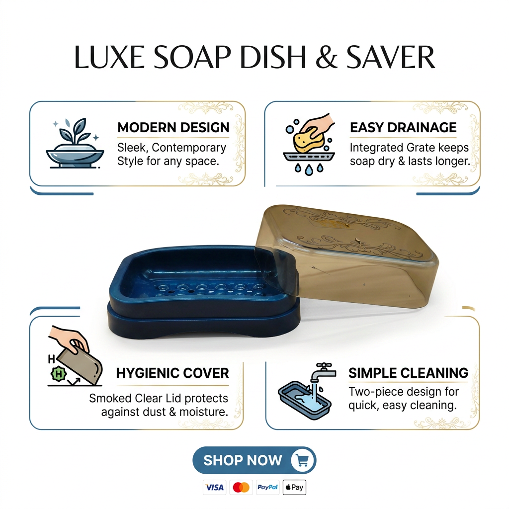 Premium Draining Soap Dish with Decorative Lid | Elegant Blue & Smoke Bar Soap Holder for Bathroom & Travel