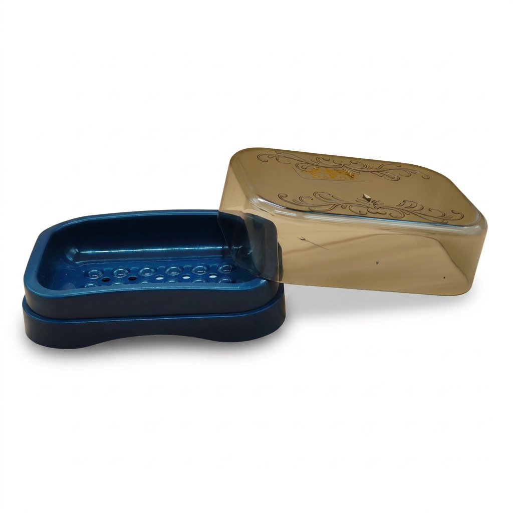 Premium Draining Soap Dish with Decorative Lid | Elegant Blue & Smoke Bar Soap Holder for Bathroom & Travel
