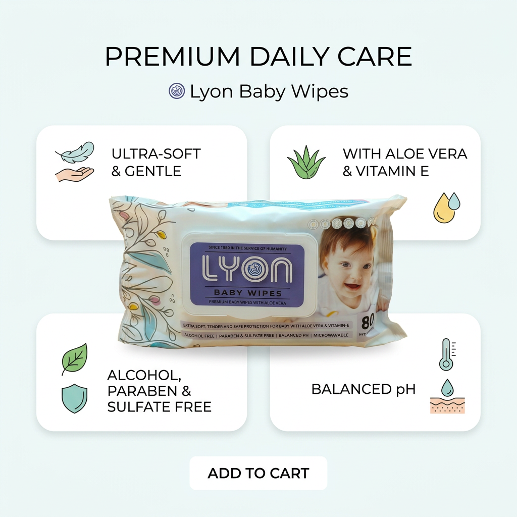 LYON Premium Baby Wipes with Aloe Vera & Vitamin E - 80 Count | Alcohol & Paraben-Free Sensitive Skin Wipes