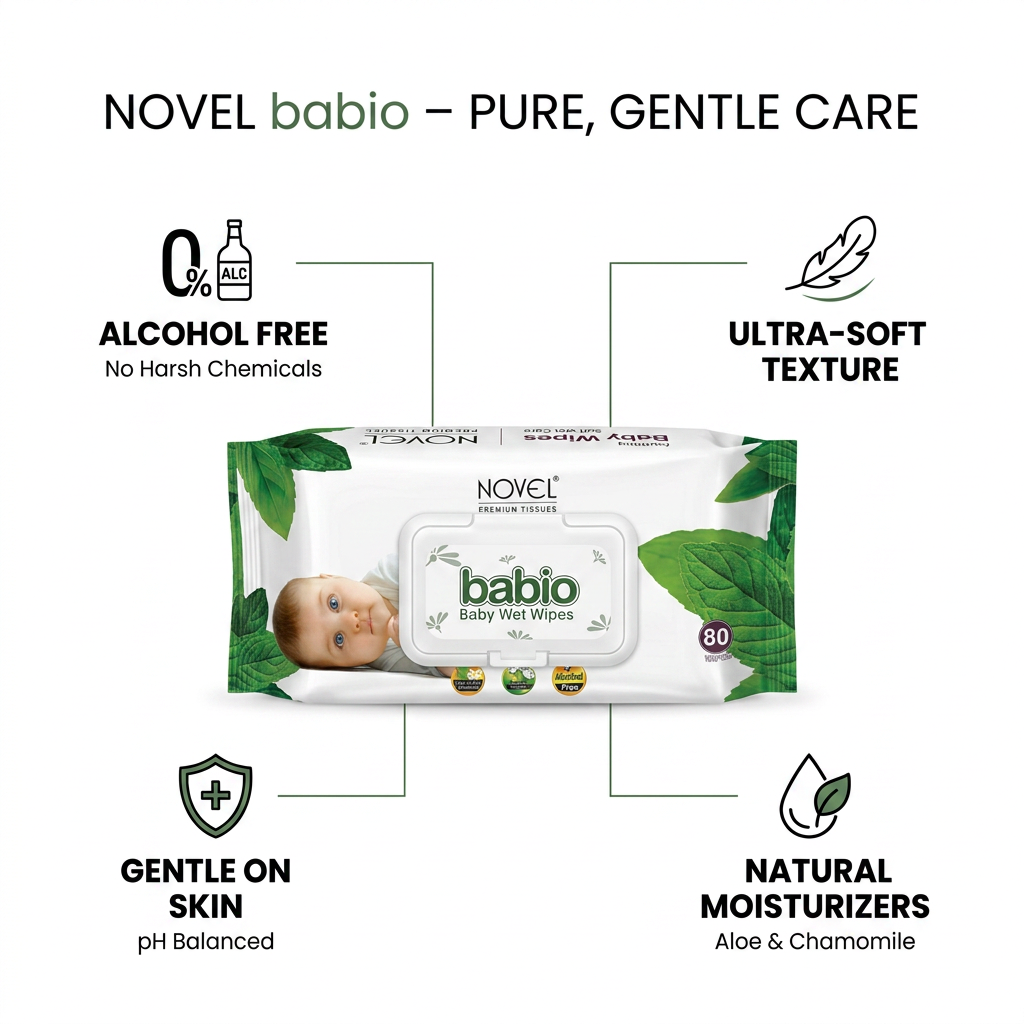NOVEL Babio Baby Wet Wipes with Flip-Top Lid | Alcohol-Free, Aloe Vera & Chamomile (80 Wipes)