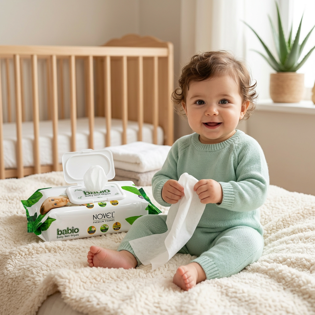 NOVEL Babio Baby Wet Wipes with Flip-Top Lid | Alcohol-Free, Aloe Vera & Chamomile (80 Wipes)