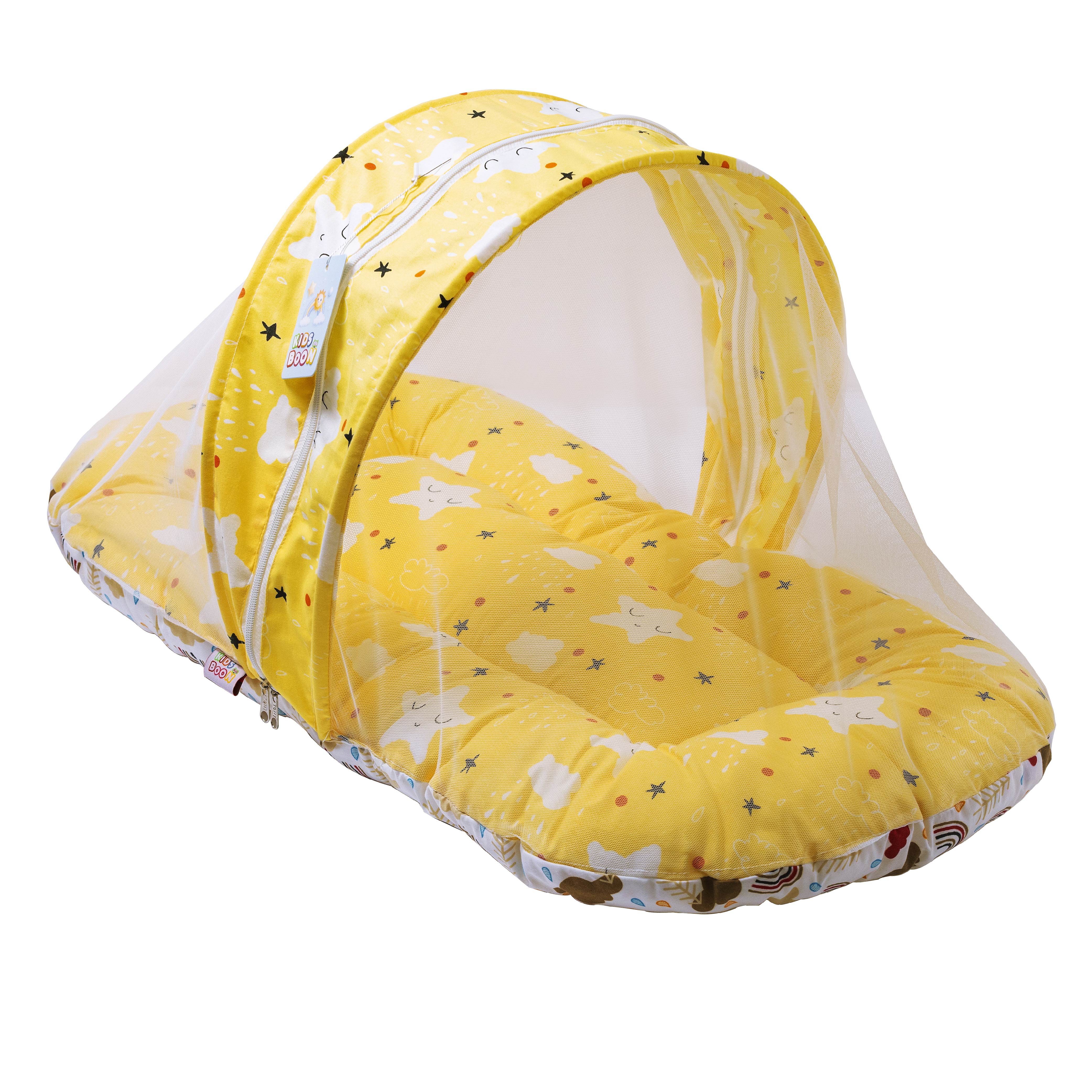 Kids Boon Premium Baby Mosquito Net Bed | 100% Cotton Foldable Infant Sleeping Mattress with Pillow & Bolsters