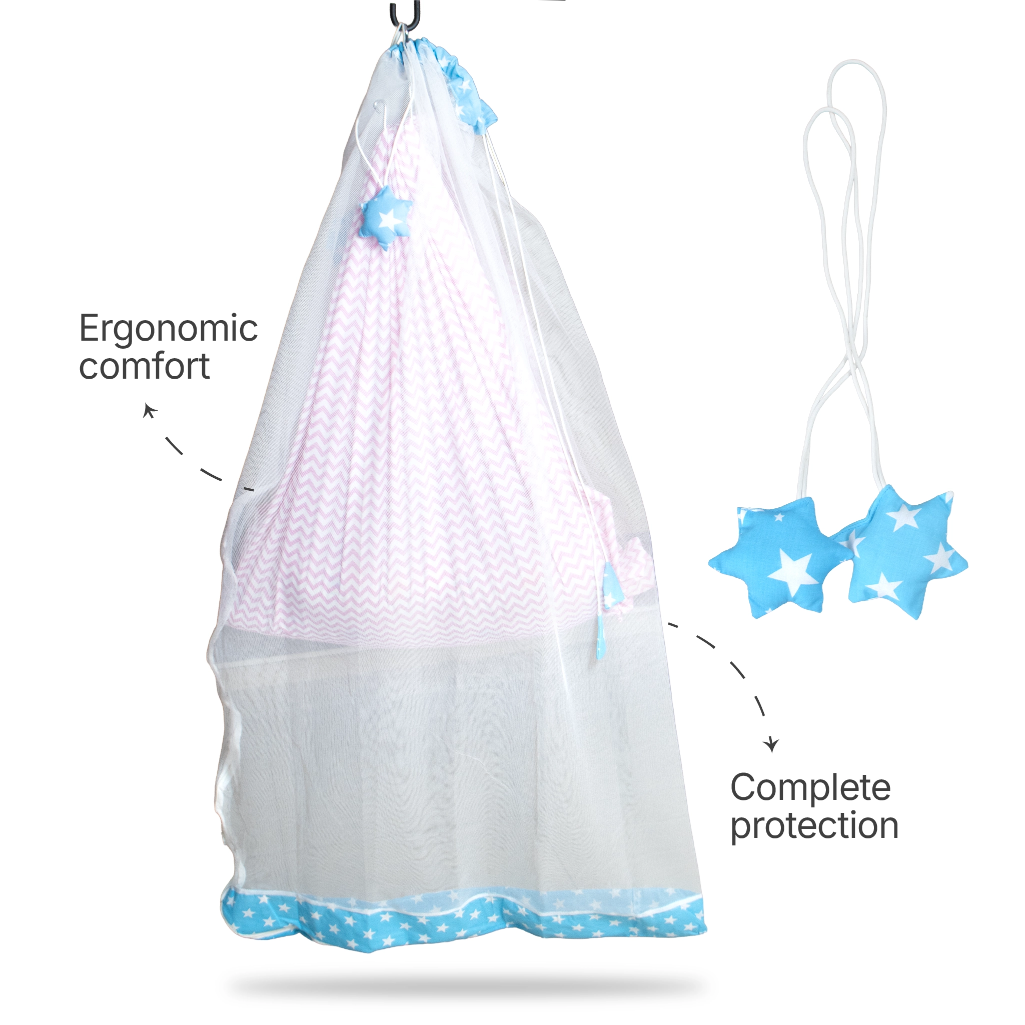 Premium Hanging Cradle Mosquito Net with Decorative Border & Hanging Stars
