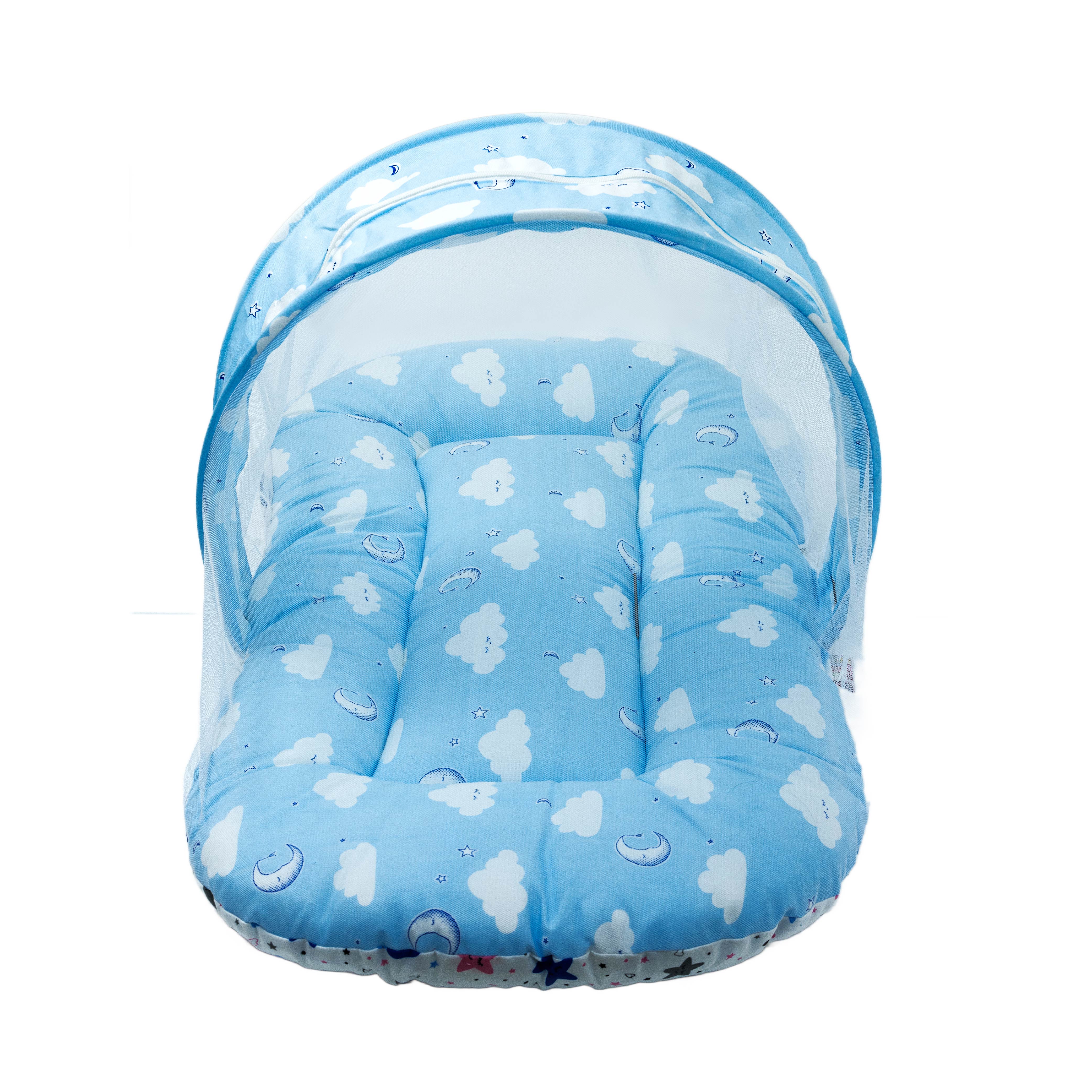Premium Portable Baby Bed with Mosquito Net & Pillows | Foldable Infant Mattress | Blue Cloud Design