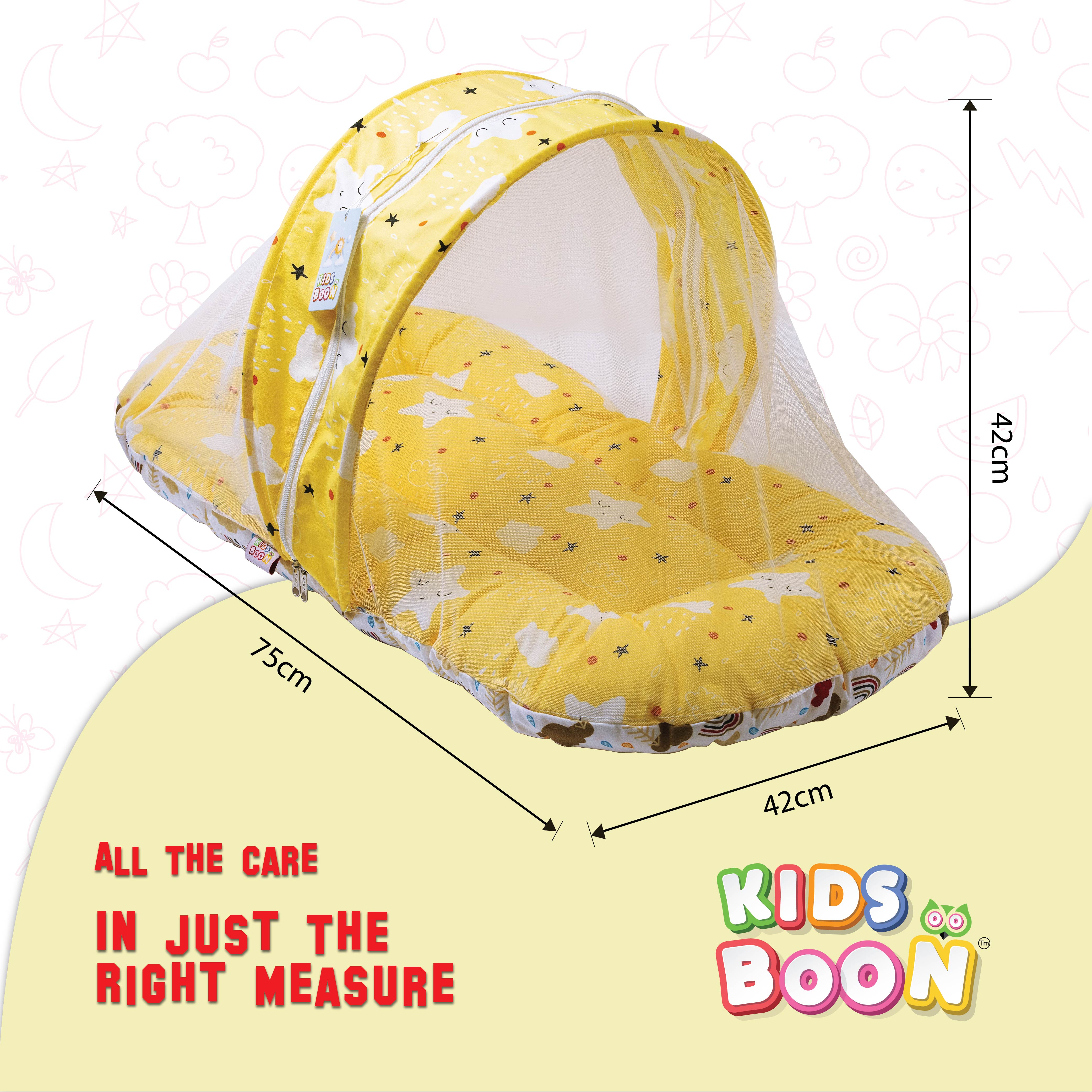 Kids Boon Premium Baby Mosquito Net Bed | 100% Cotton Foldable Infant Sleeping Mattress with Pillow & Bolsters