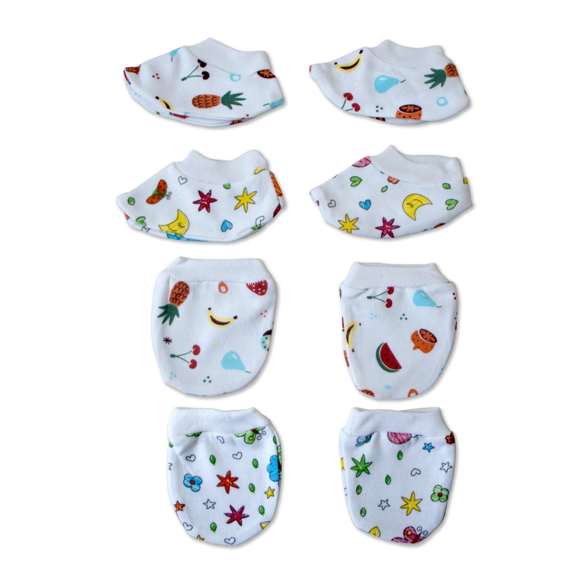 Kids Boon Premium Soft Cotton Baby Mittens and Booties Set (4 Pairs Combo)