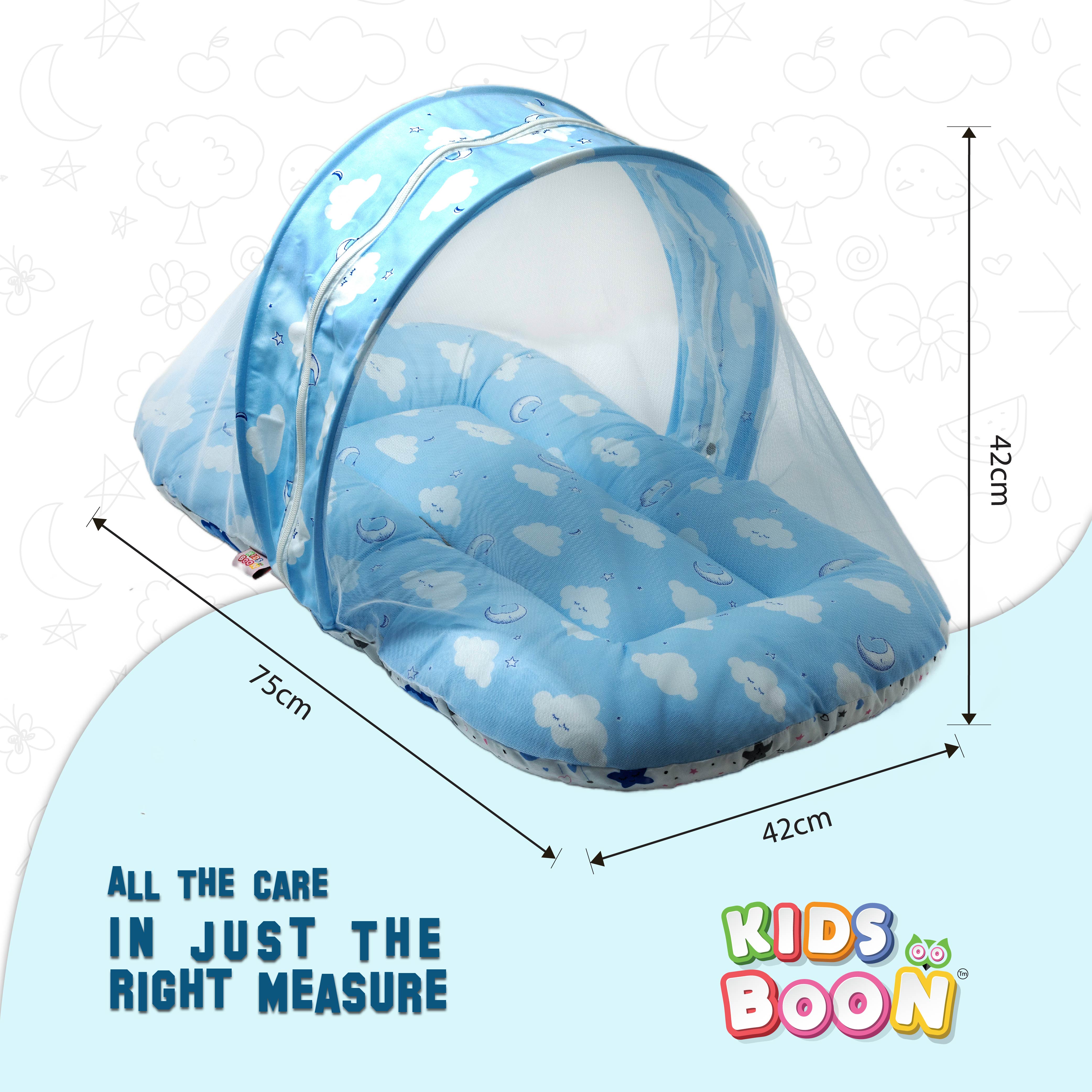 Premium Portable Baby Bed with Mosquito Net & Pillows | Foldable Infant Mattress | Blue Cloud Design