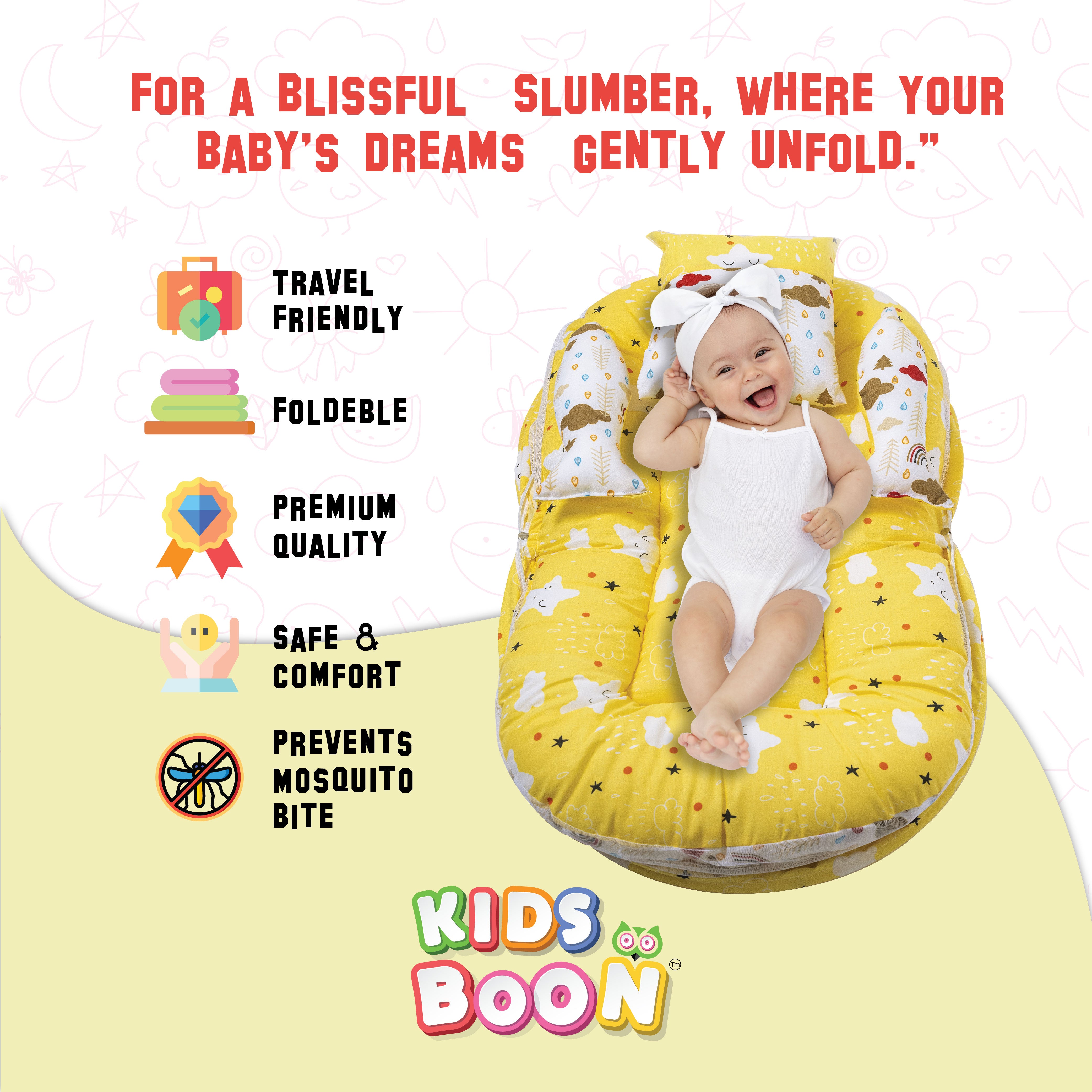 Kids Boon Premium Baby Mosquito Net Bed | 100% Cotton Foldable Infant Sleeping Mattress with Pillow & Bolsters