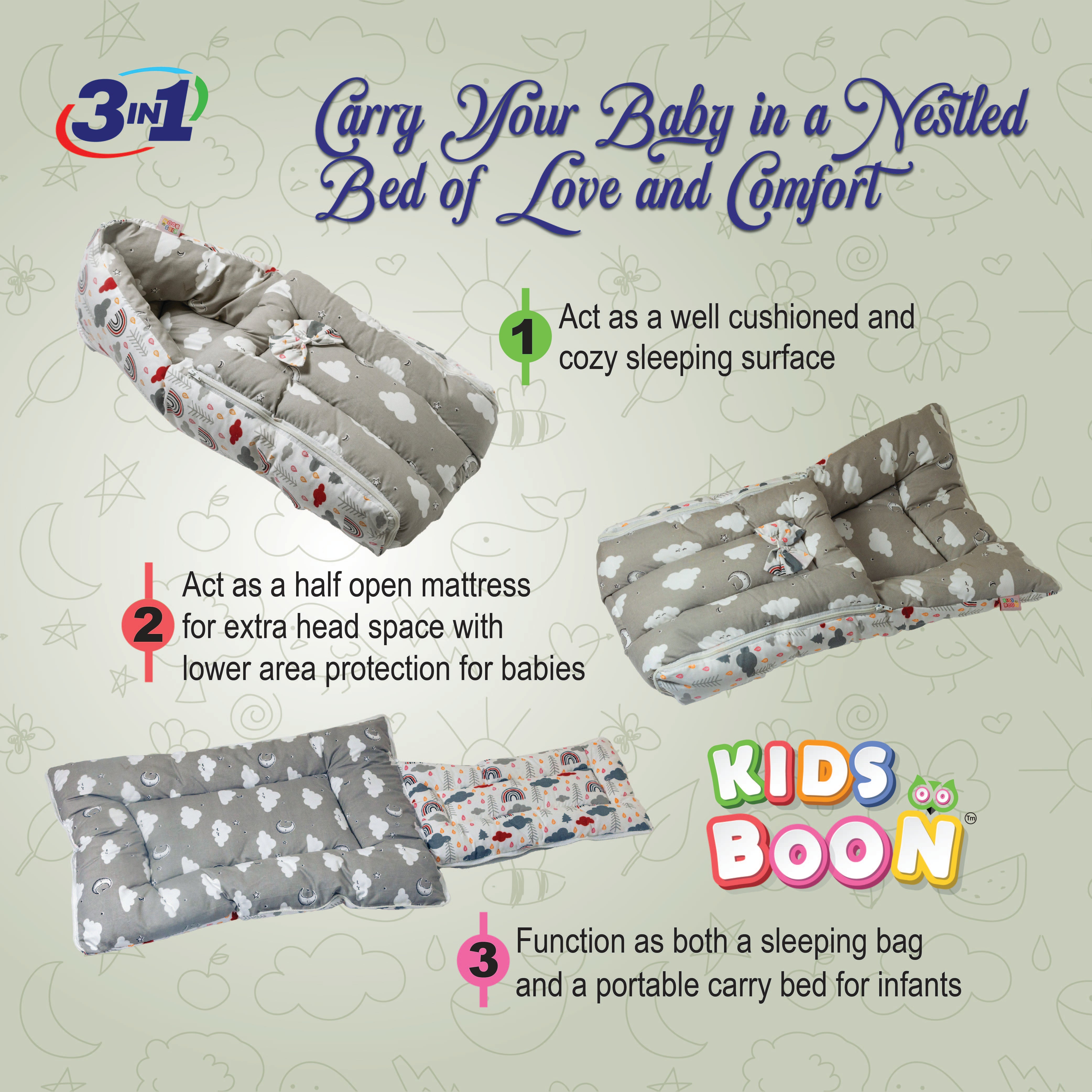 Kids Boon 3-in-1 Premium Baby Carry Bed & Sleeping Nest - Grey Cloud Print