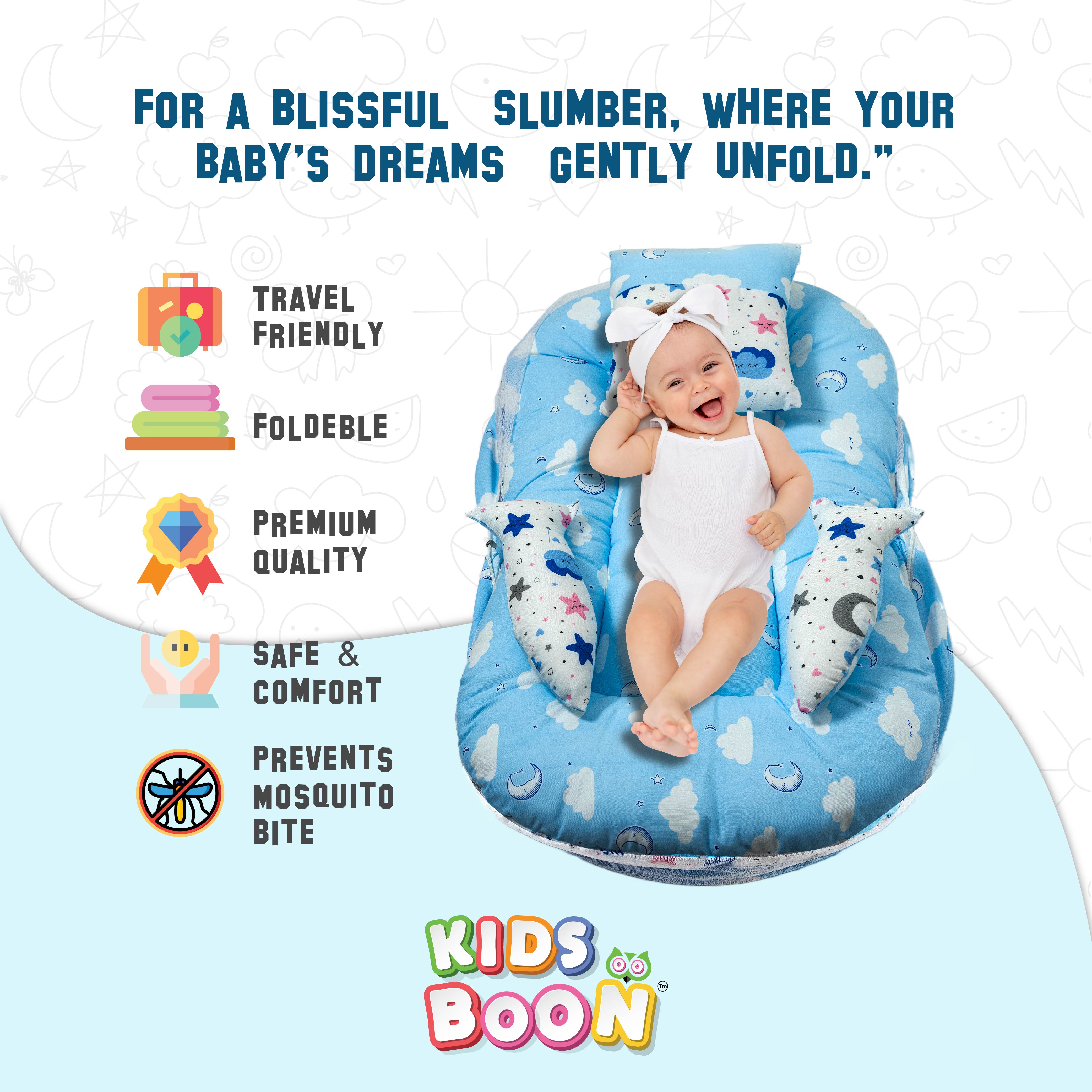 Premium Portable Baby Bed with Mosquito Net & Pillows | Foldable Infant Mattress | Blue Cloud Design