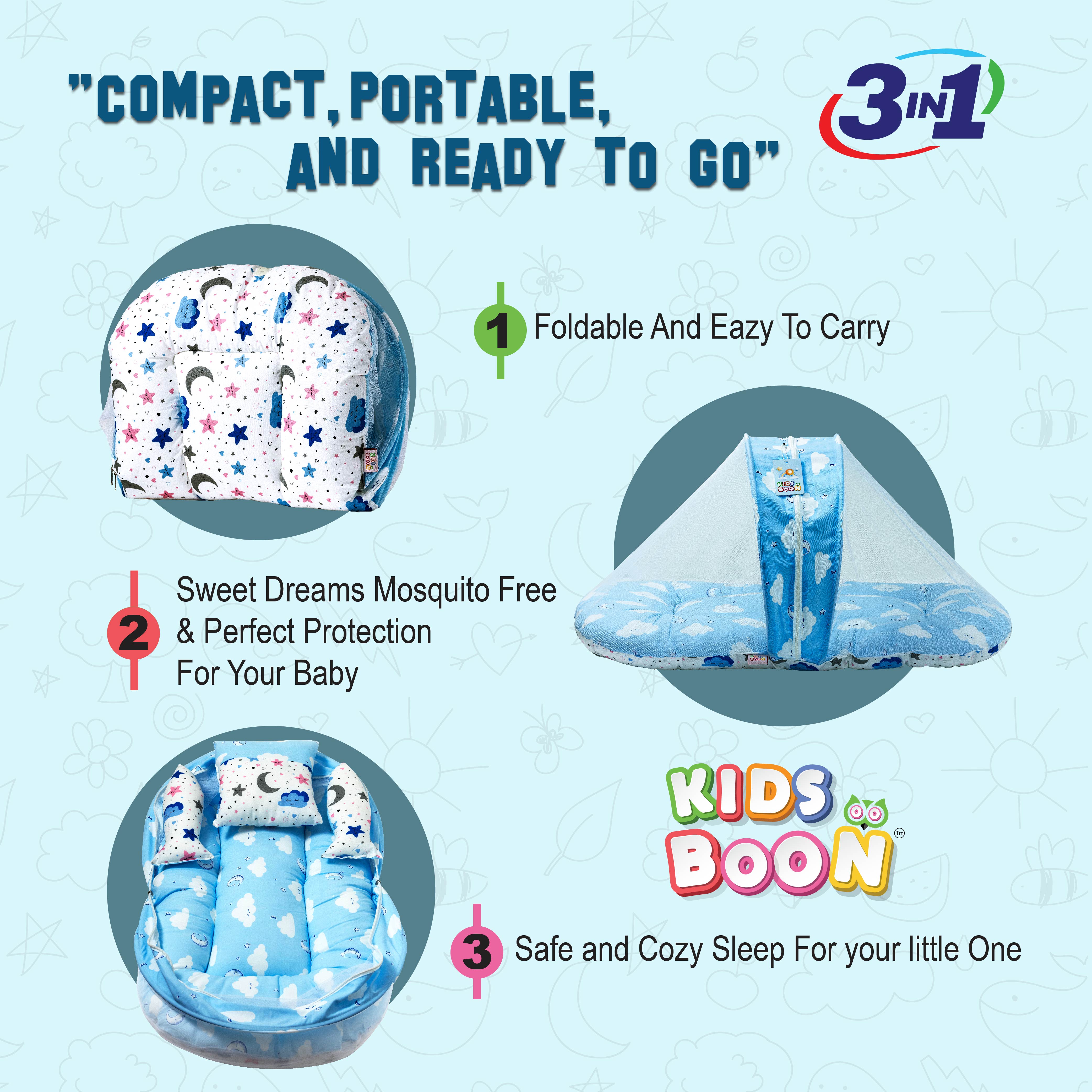 Premium Portable Baby Bed with Mosquito Net & Pillows | Foldable Infant Mattress | Blue Cloud Design