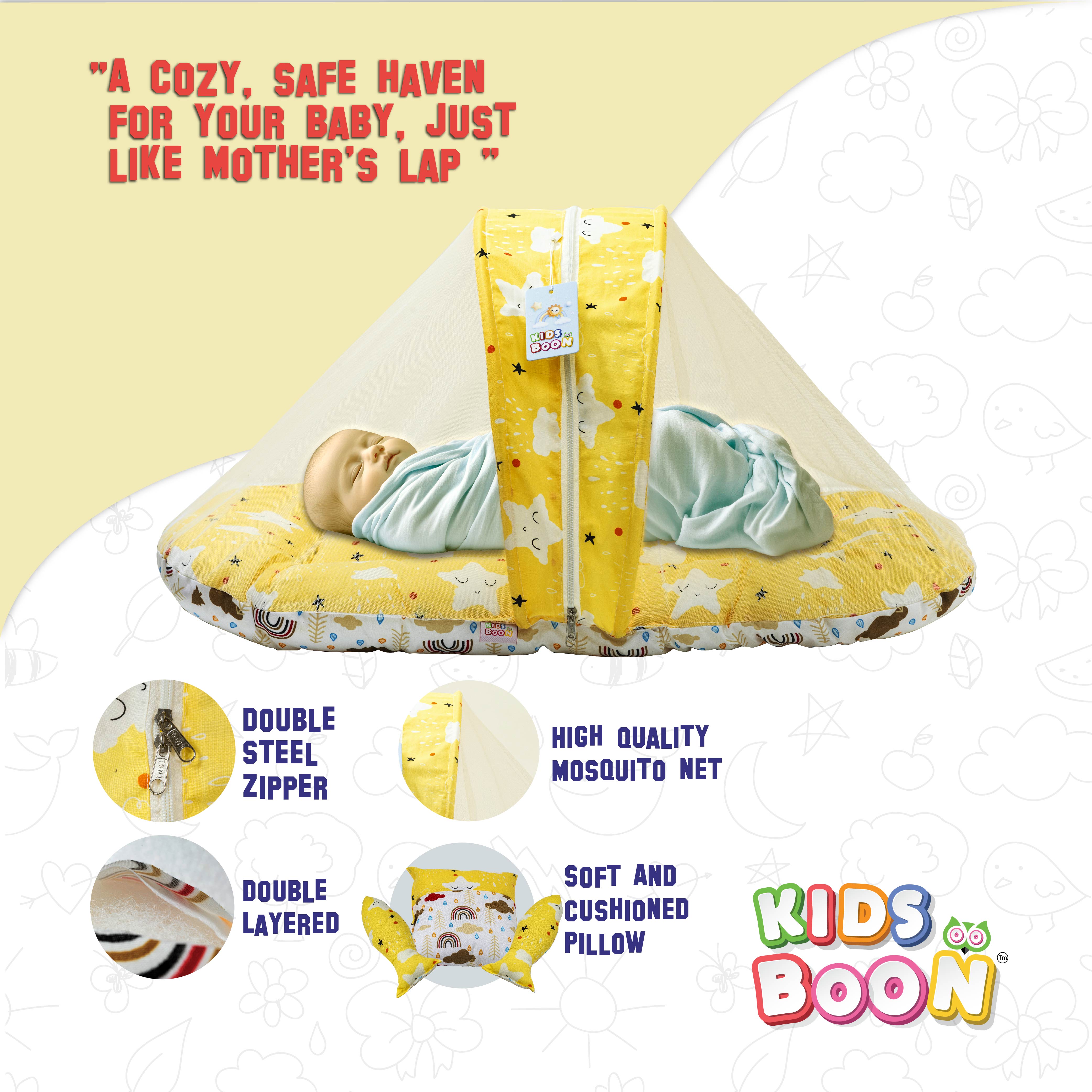 Kids Boon Premium Baby Mosquito Net Bed | 100% Cotton Foldable Infant Sleeping Mattress with Pillow & Bolsters