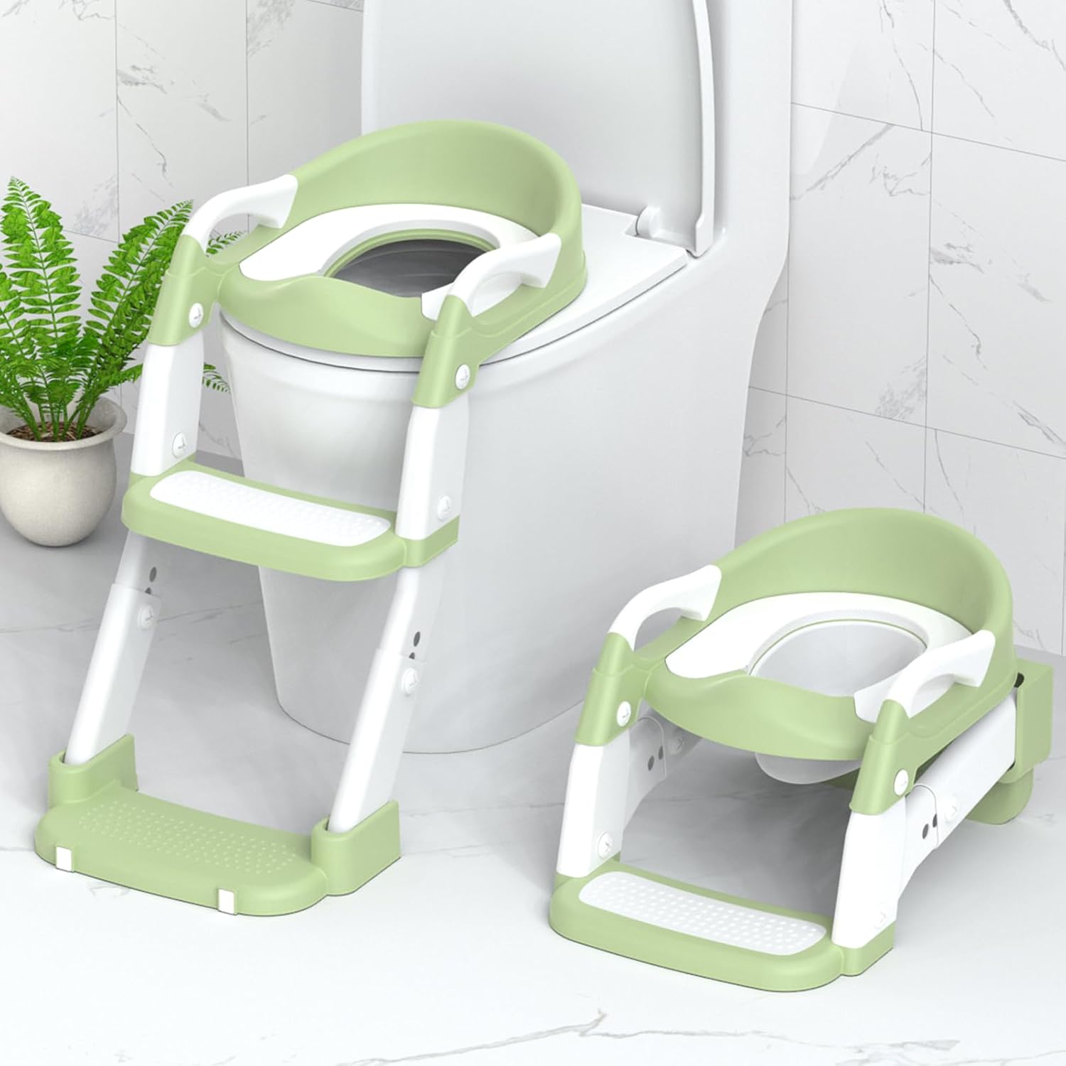 3-in-1 Foldable Toddler Potty Training Seat with Step Stool Ladder | Green Potty Chair for Boys & Girls
