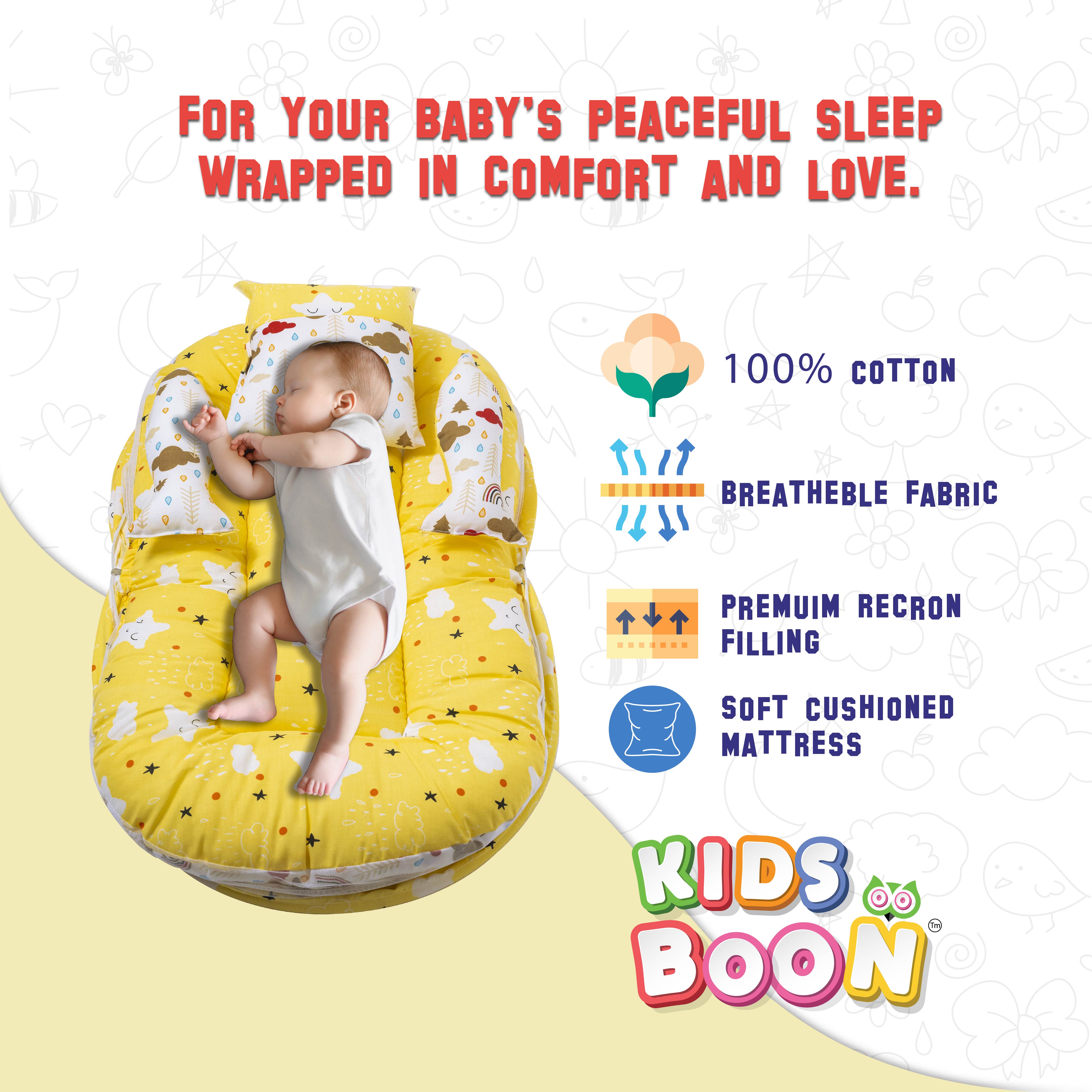 Kids Boon Premium Baby Mosquito Net Bed | 100% Cotton Foldable Infant Sleeping Mattress with Pillow & Bolsters