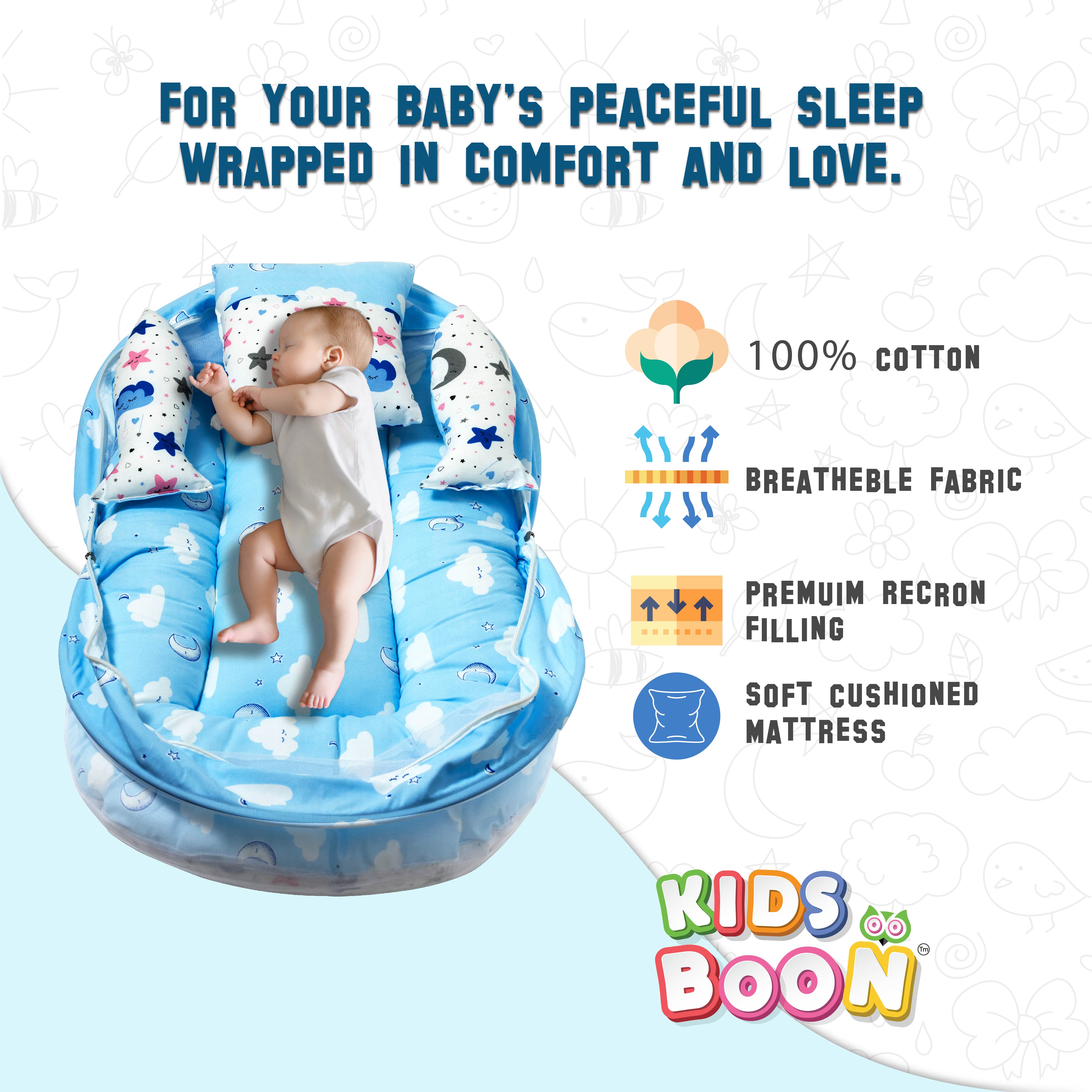 Premium Portable Baby Bed with Mosquito Net & Pillows | Foldable Infant Mattress | Blue Cloud Design