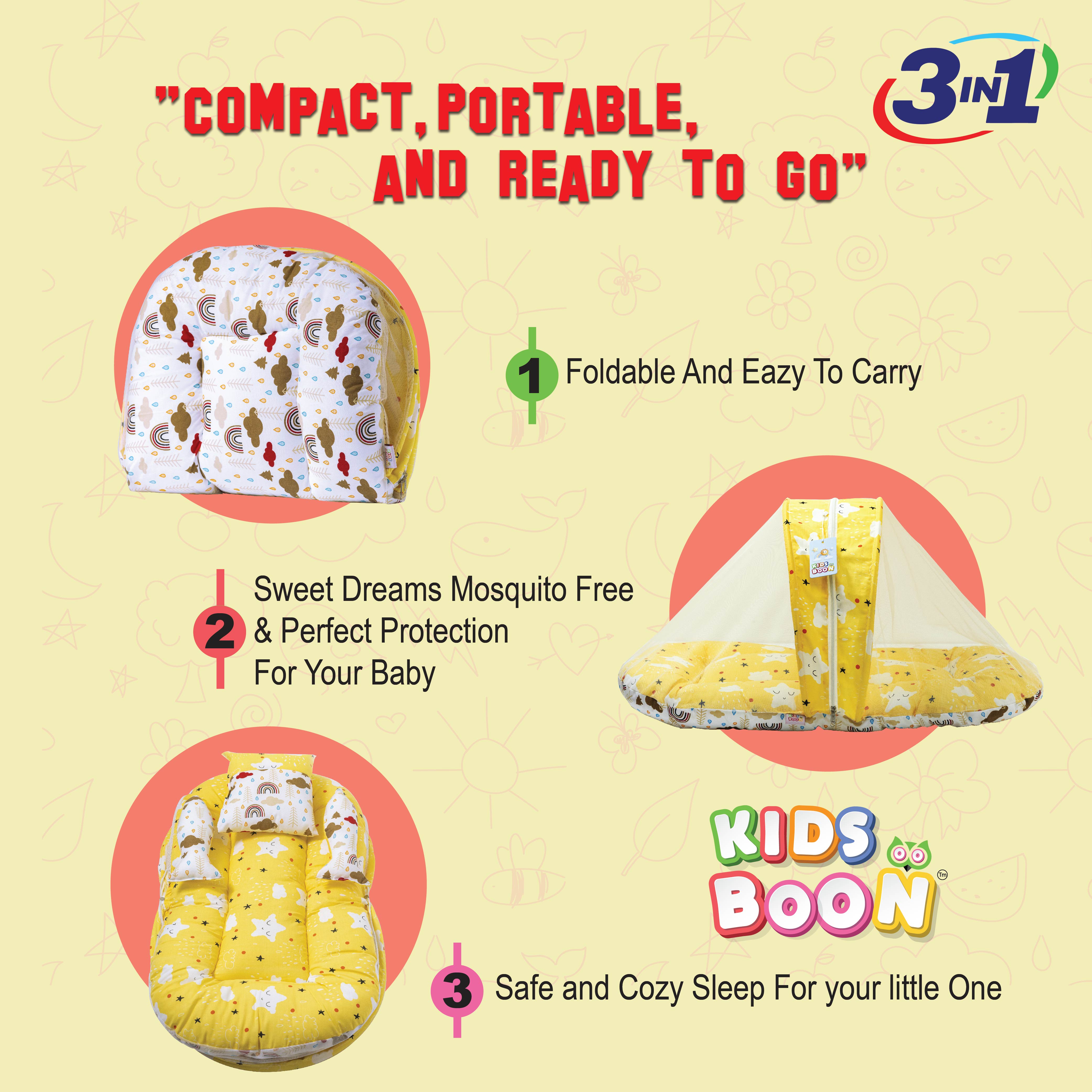 Kids Boon Premium Baby Mosquito Net Bed | 100% Cotton Foldable Infant Sleeping Mattress with Pillow & Bolsters