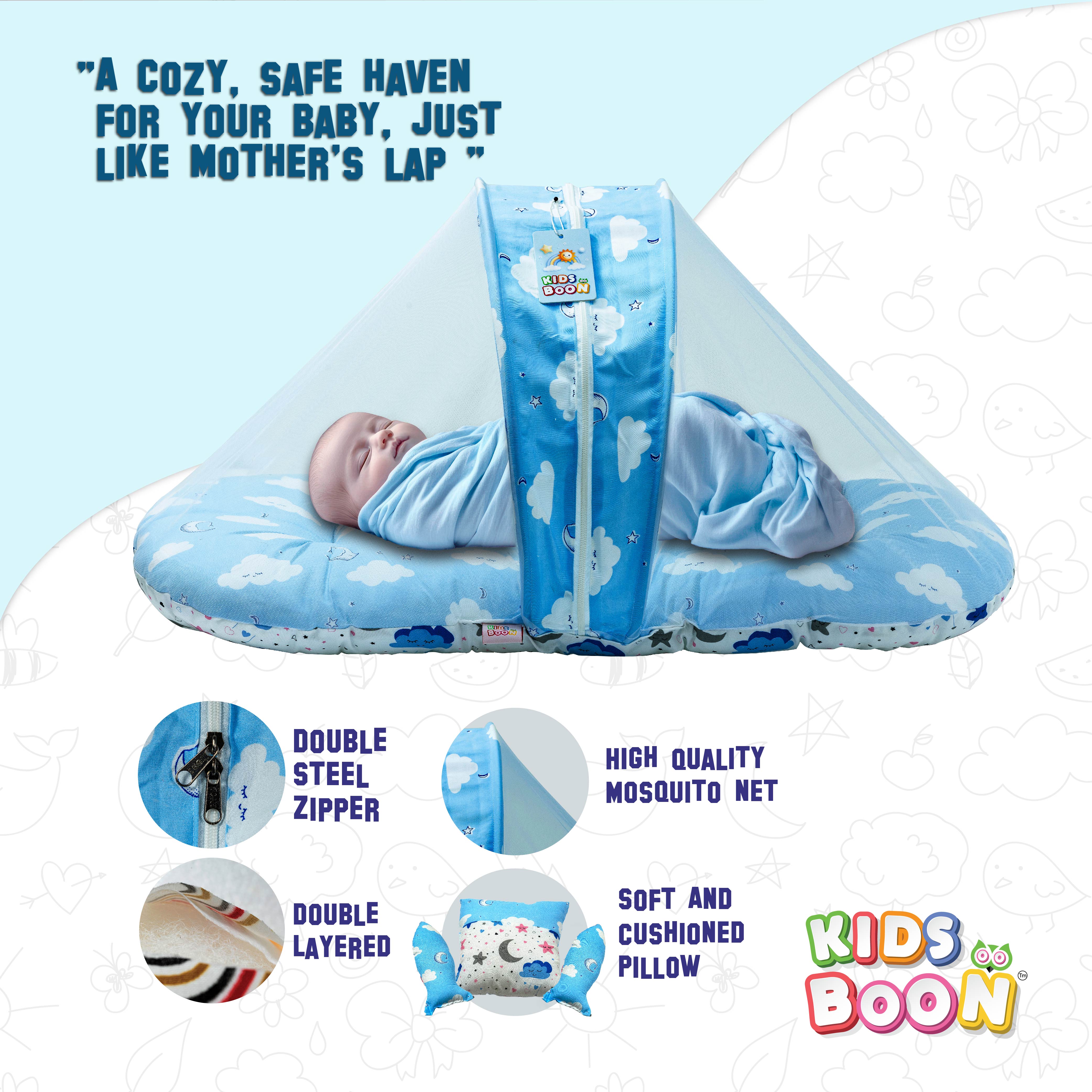 Premium Portable Baby Bed with Mosquito Net & Pillows | Foldable Infant Mattress | Blue Cloud Design