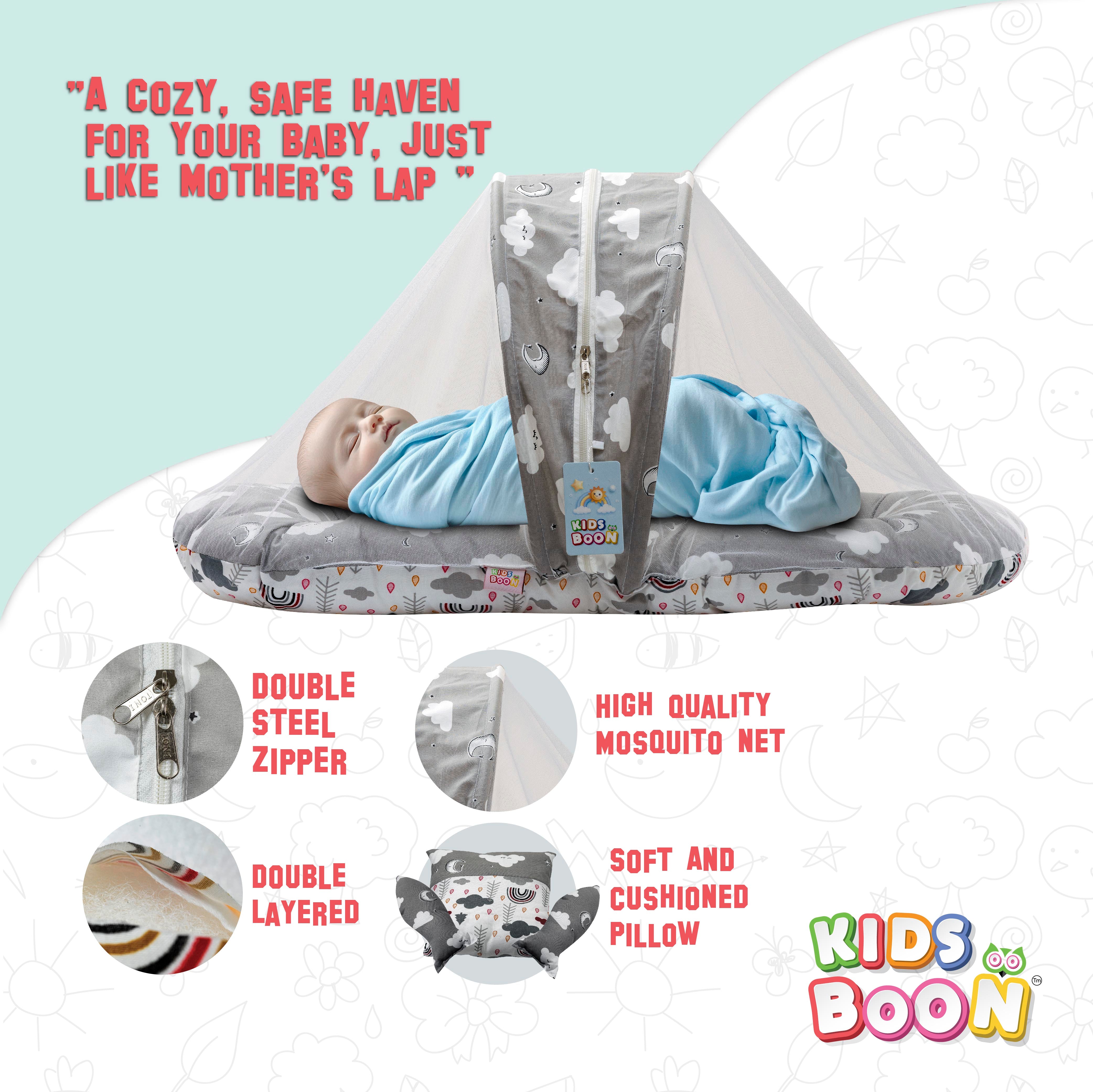 Kids Boon Premium Baby Mosquito Net Bed Set with Pillows | Portable Newborn Sleep Essential
