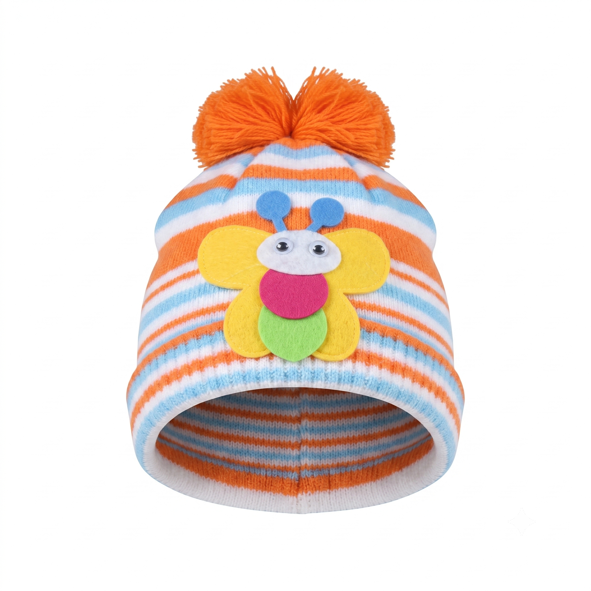 Kids Cute Striped Knitted Beanie Hat with Butterfly Motif – Warm Winter Cap for Infants & Toddlers