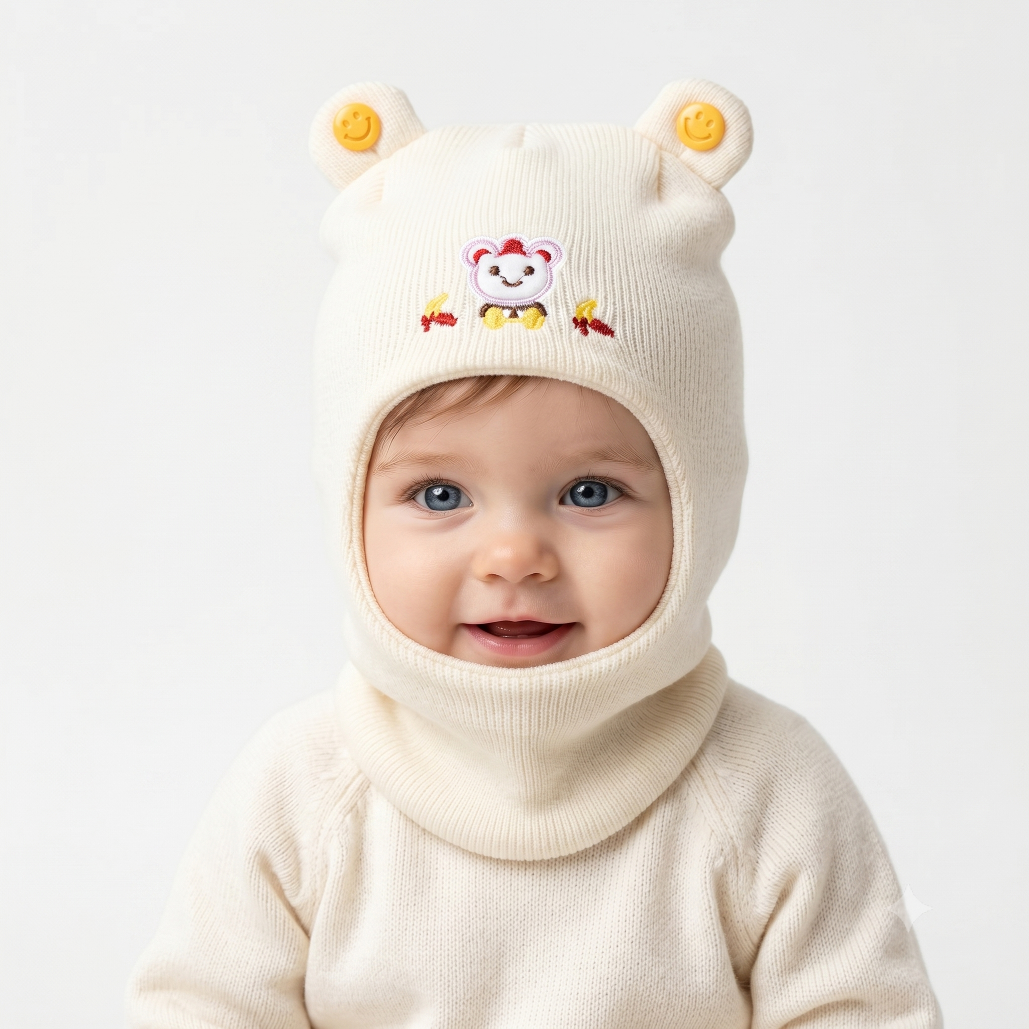 Kids Boon Knit Monkey Cap – Cozy Winter Balaclava with Bear Patch for Babies & Toddlers