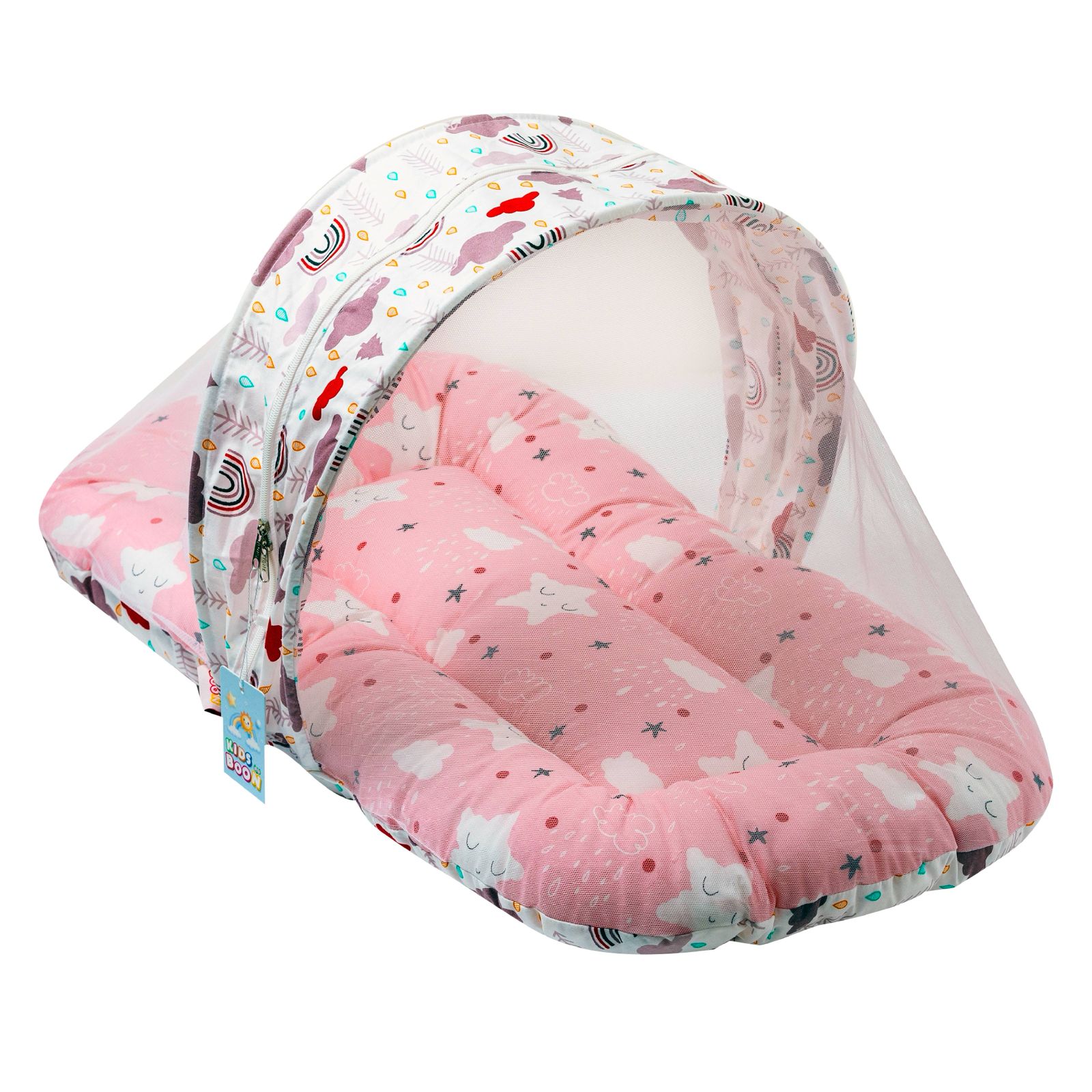 Premium Baby Mosquito Net Bed & Lounger Set | Portable Newborn Sleeper with Canopy & Pillows - Pink Dream Print