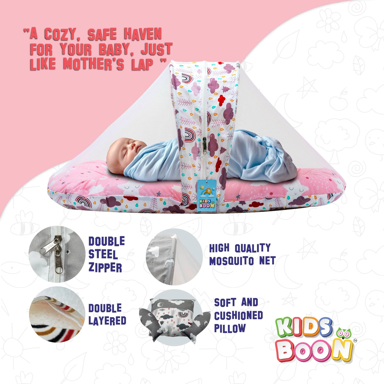 Premium Baby Mosquito Net Bed & Lounger Set | Portable Newborn Sleeper with Canopy & Pillows - Pink Dream Print