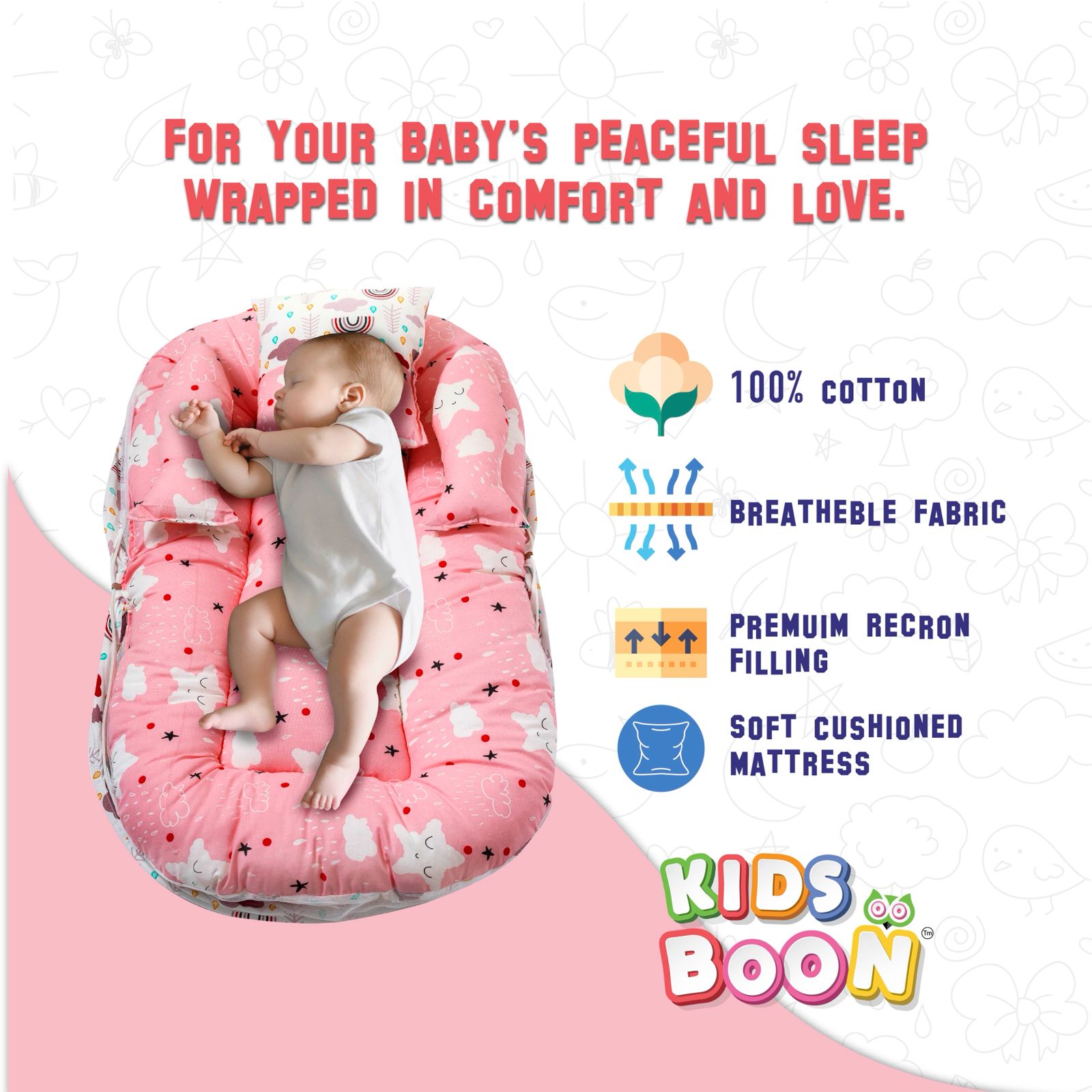 Premium Baby Mosquito Net Bed & Lounger Set | Portable Newborn Sleeper with Canopy & Pillows - Pink Dream Print