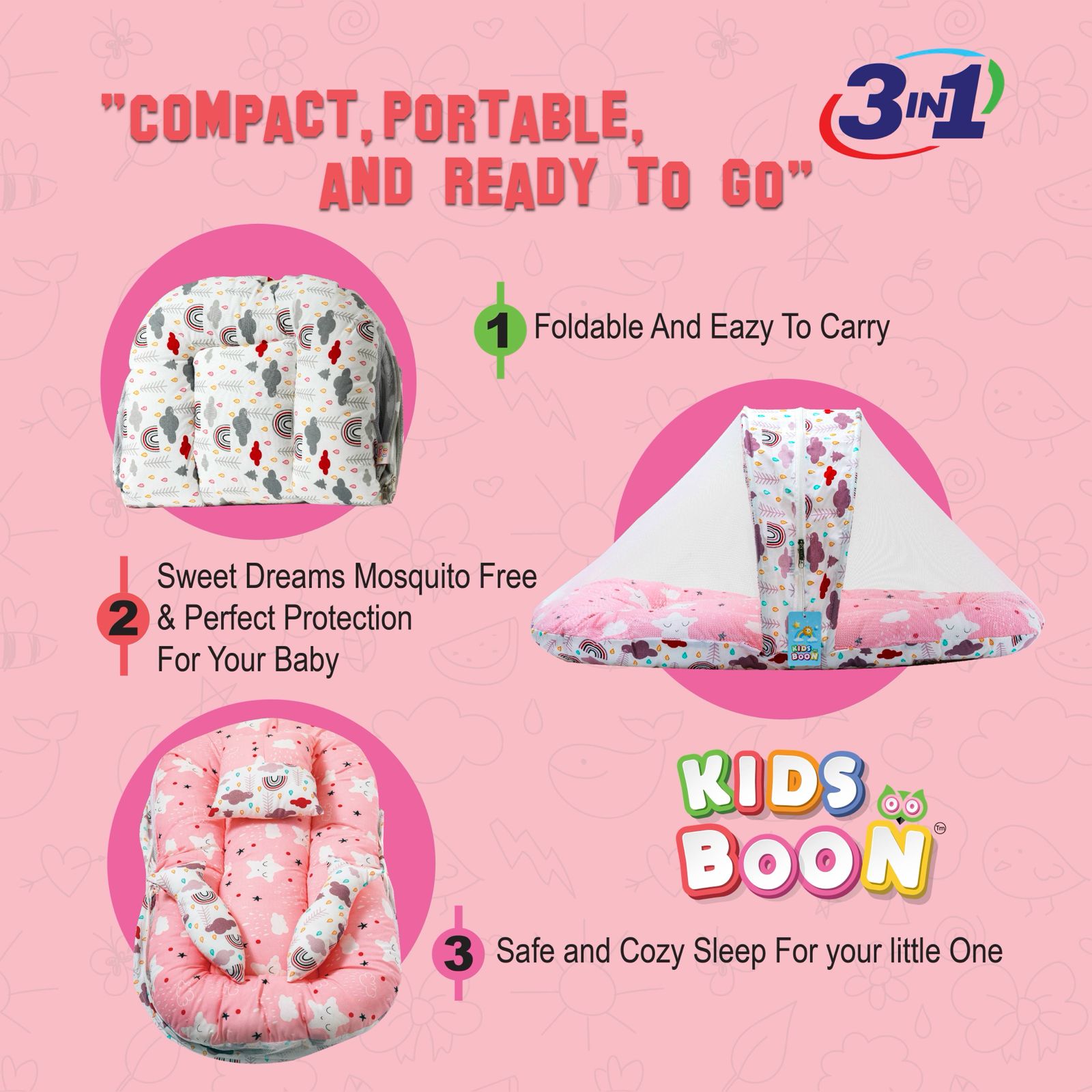 Premium Baby Mosquito Net Bed & Lounger Set | Portable Newborn Sleeper with Canopy & Pillows - Pink Dream Print