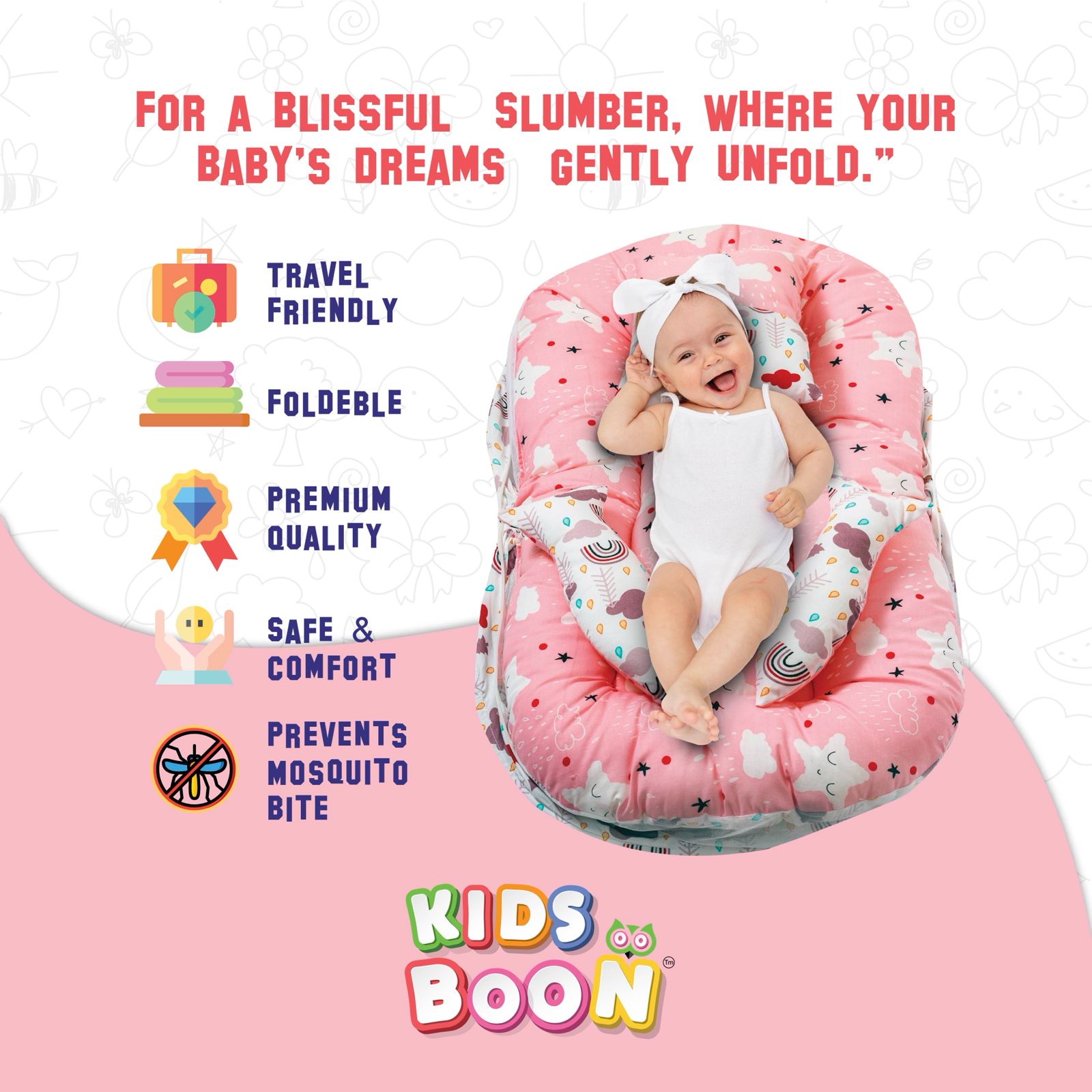 Premium Baby Mosquito Net Bed & Lounger Set | Portable Newborn Sleeper with Canopy & Pillows - Pink Dream Print
