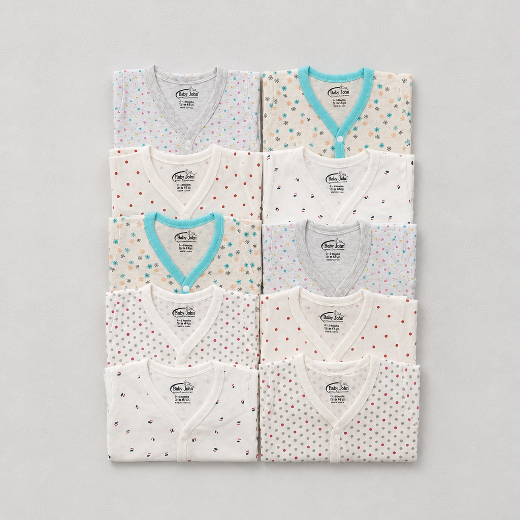 Unisex Baby 100% Pure Cotton Full Sleeve Front Open Jhabla Set (Pack of 10) - Size S (1 to 3 Months)