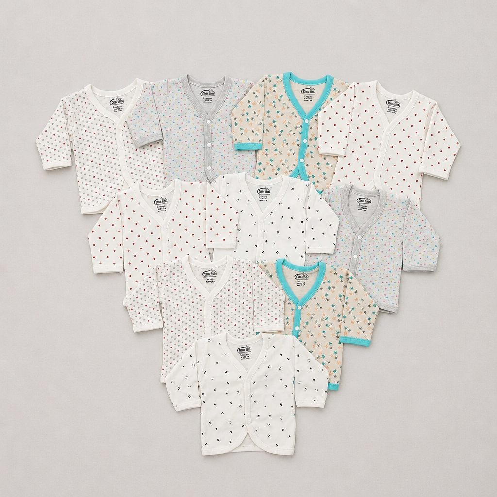 Unisex Baby 100% Pure Cotton Full Sleeve Front Open Jhabla Set (Pack of 10) - Size S (1 to 3 Months)