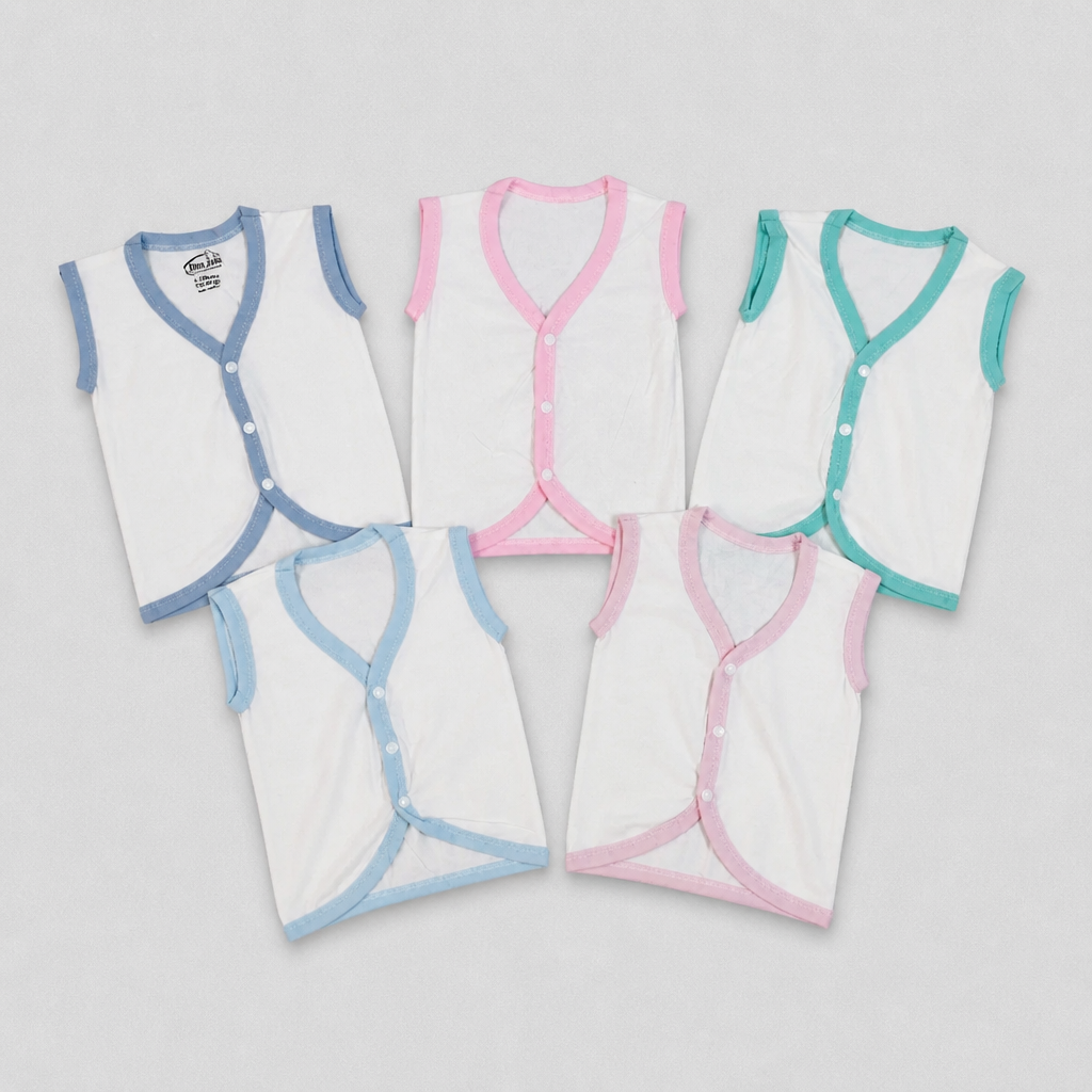 Unisex Baby 100% Pure Cotton Sleeveless Jhabla V-Neck Vests (Pack of 5) - Size Small (1-3 Months)