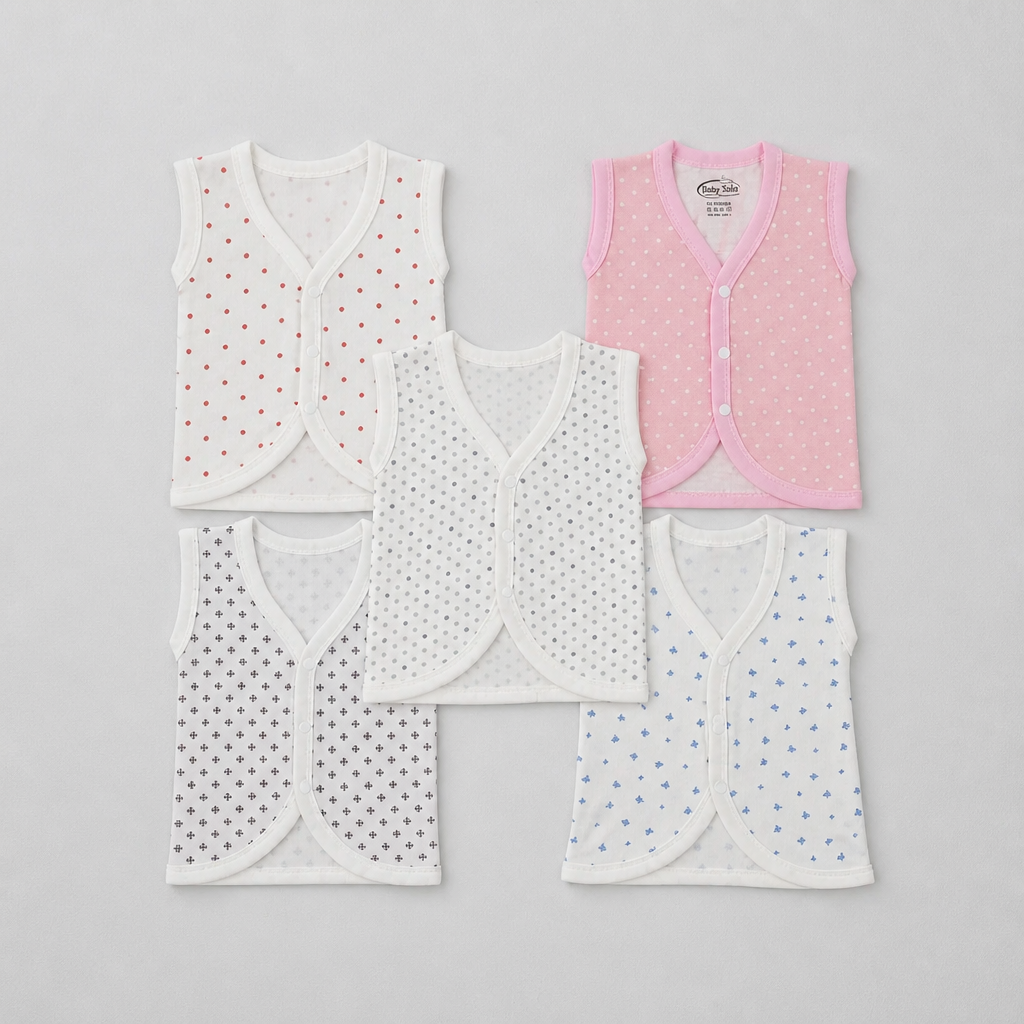 Unisex Pure Cotton Sleeveless Baby Jhabla Vests - Pack of 5 (1-3 Months)
