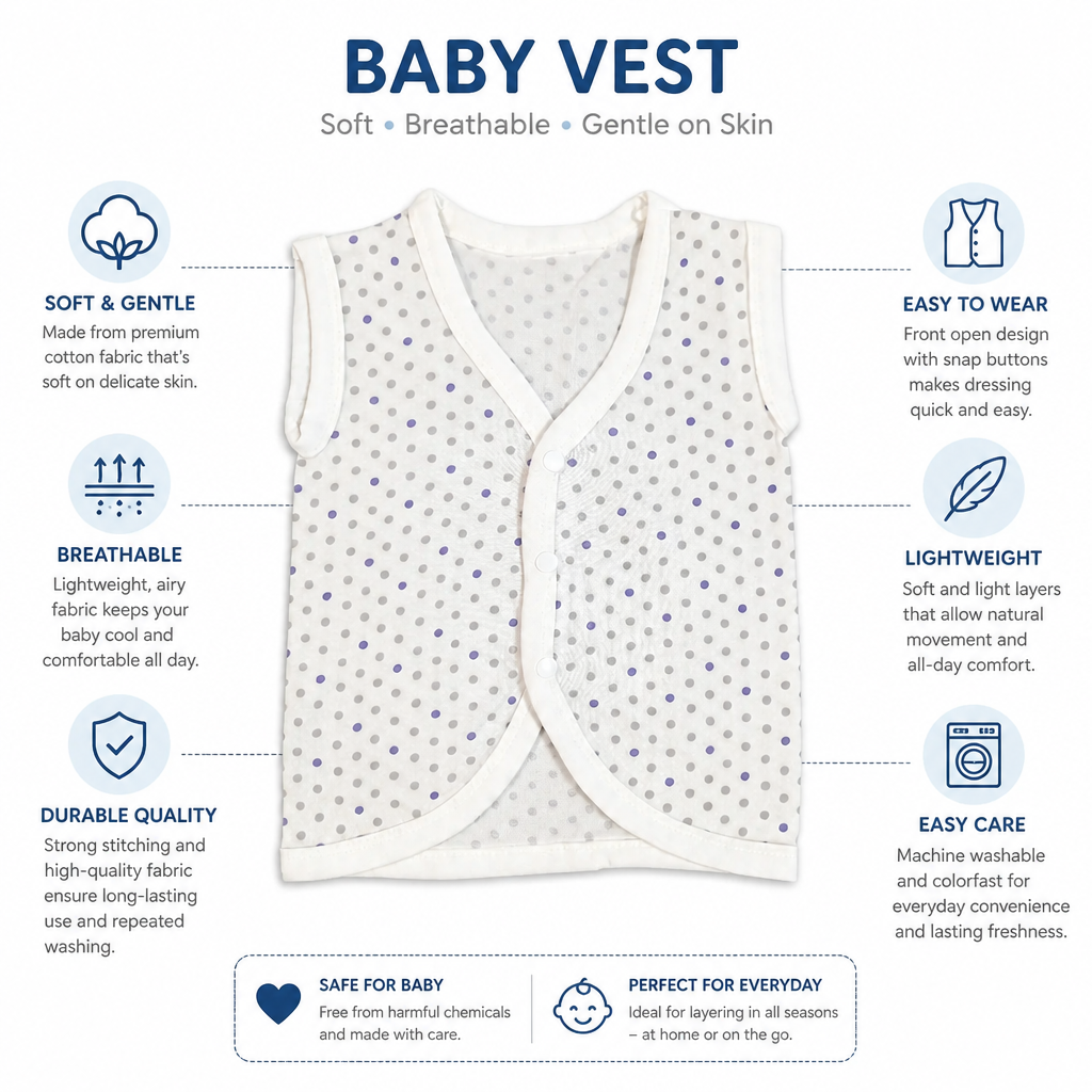 Unisex Pure Cotton Sleeveless Baby Jhabla Vests - Pack of 5 (1-3 Months)