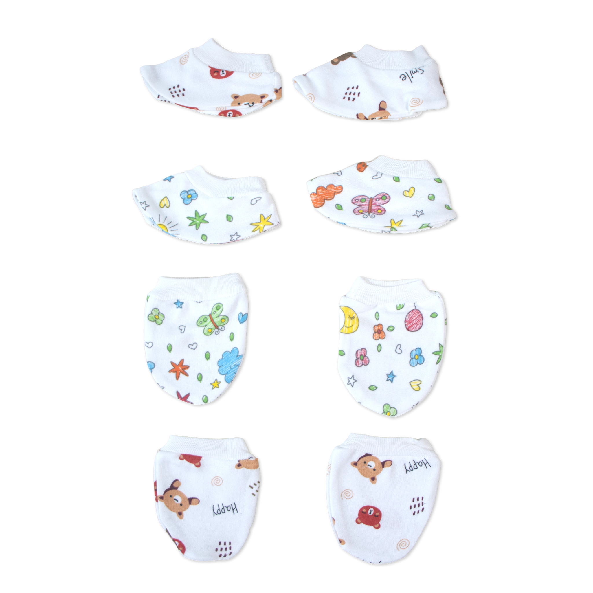 Kids Boon 4-Piece Baby Mittens and Booties Combo Set – 2 Pairs Soft Cotton Booties & 2 Pairs Scratch-Prevention Mittens for Newborns & Infants