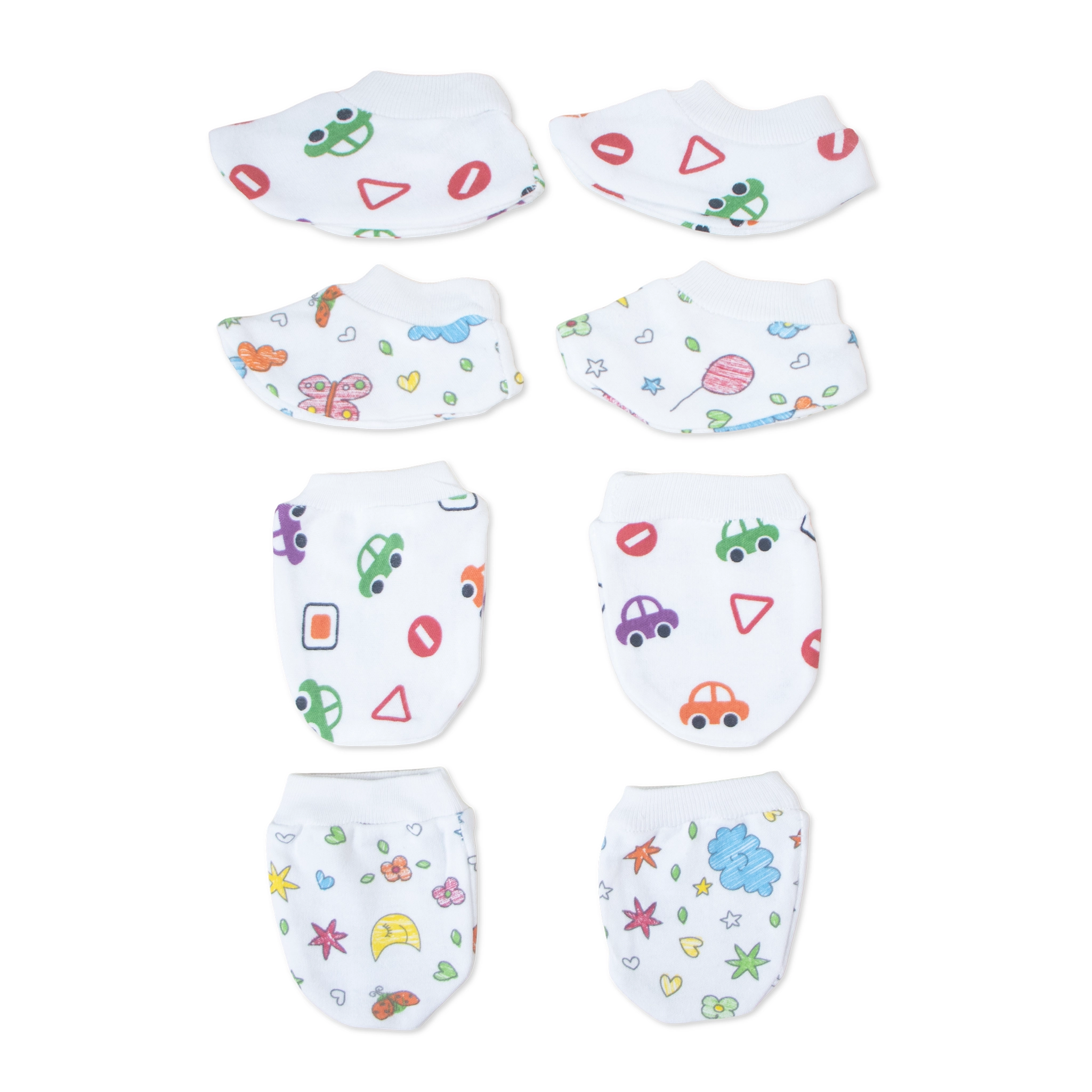 Kids Boon 4-Piece Baby Mittens and Booties Combo Set – 2 Pairs Soft Cotton Booties & 2 Pairs Scratch-Prevention Mittens for Newborns & Infants