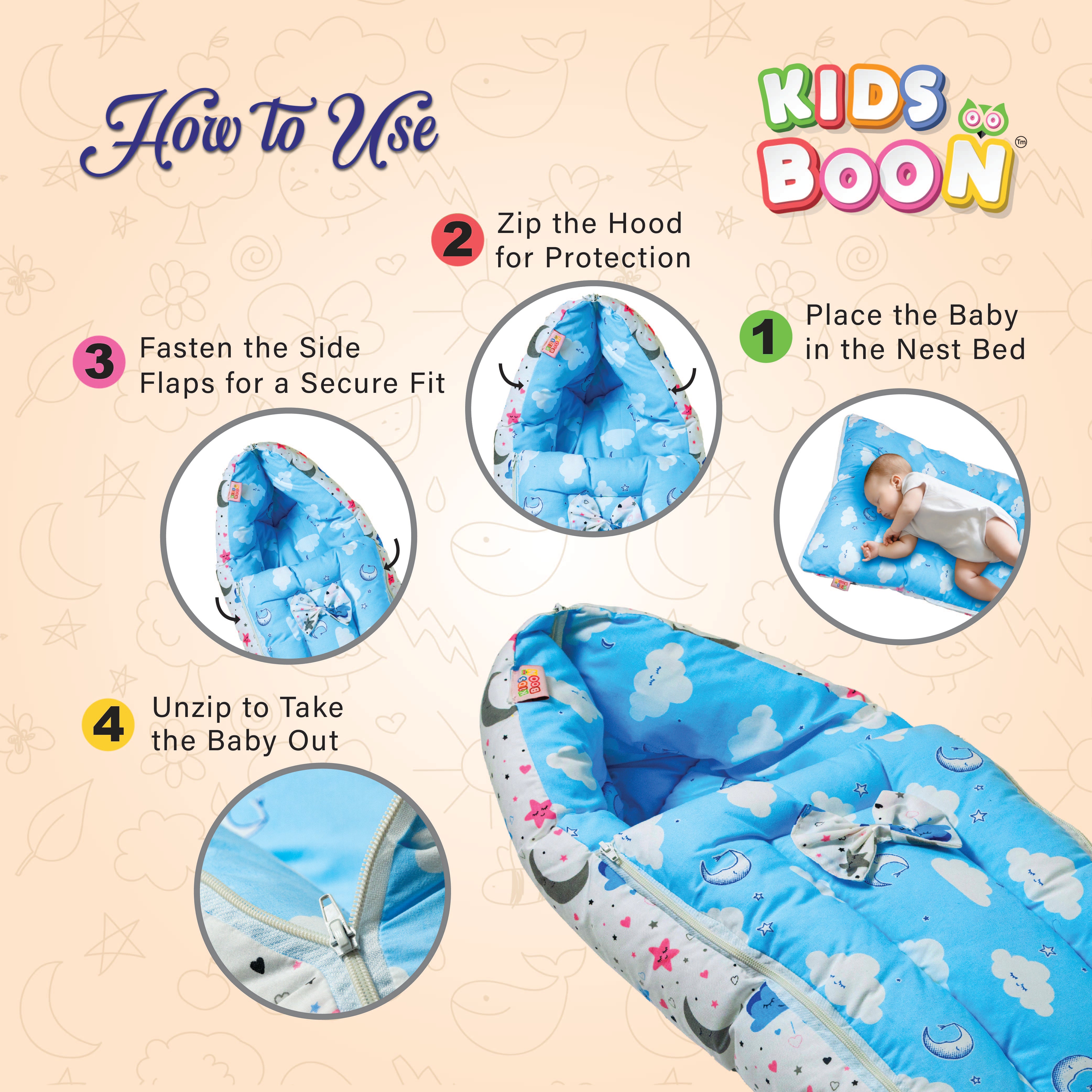 KIDS BOON 3-in-1 Portable Baby Carry Bed & Sleeping Bag | Newborn Travel Essential (Blue Cloud Print)