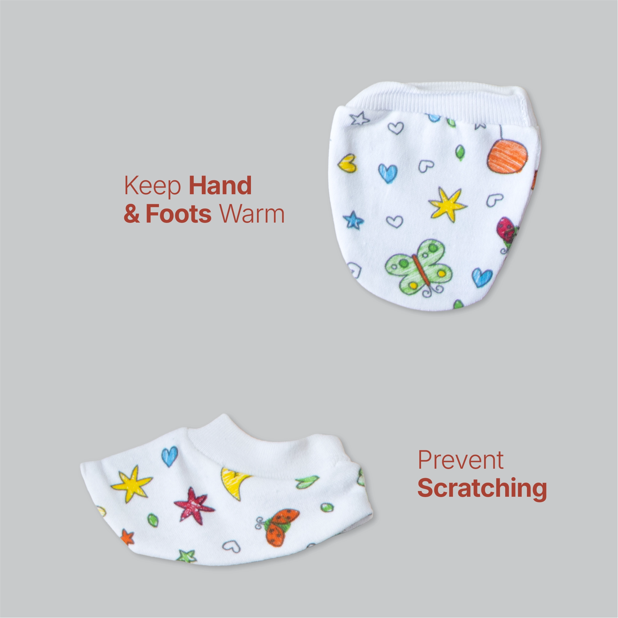 Kids Boon 4-Piece Baby Mittens and Booties Combo Set – 2 Pairs Soft Cotton Booties & 2 Pairs Scratch-Prevention Mittens for Newborns & Infants