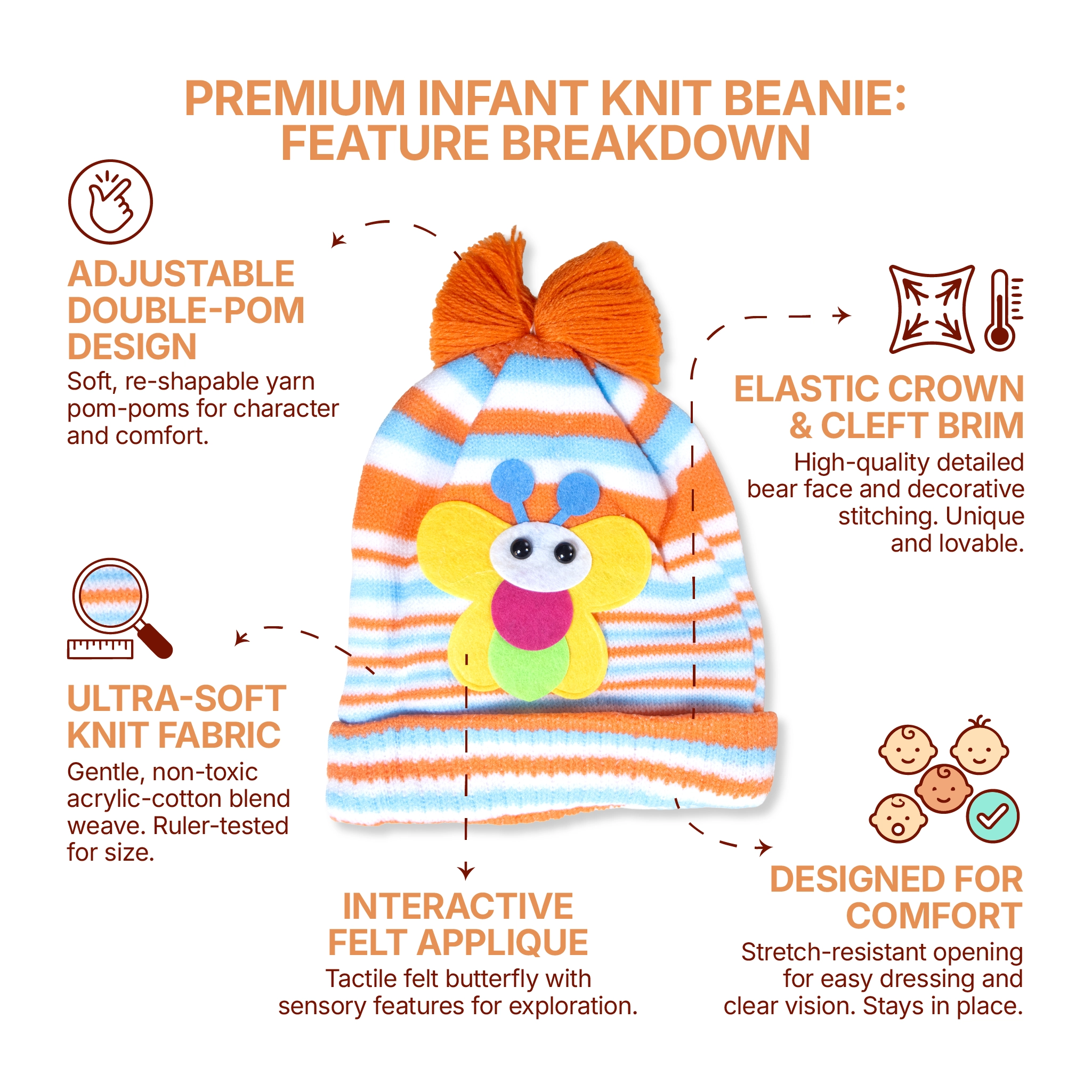 Kids Cute Striped Knitted Beanie Hat with Butterfly Motif – Warm Winter Cap for Infants & Toddlers