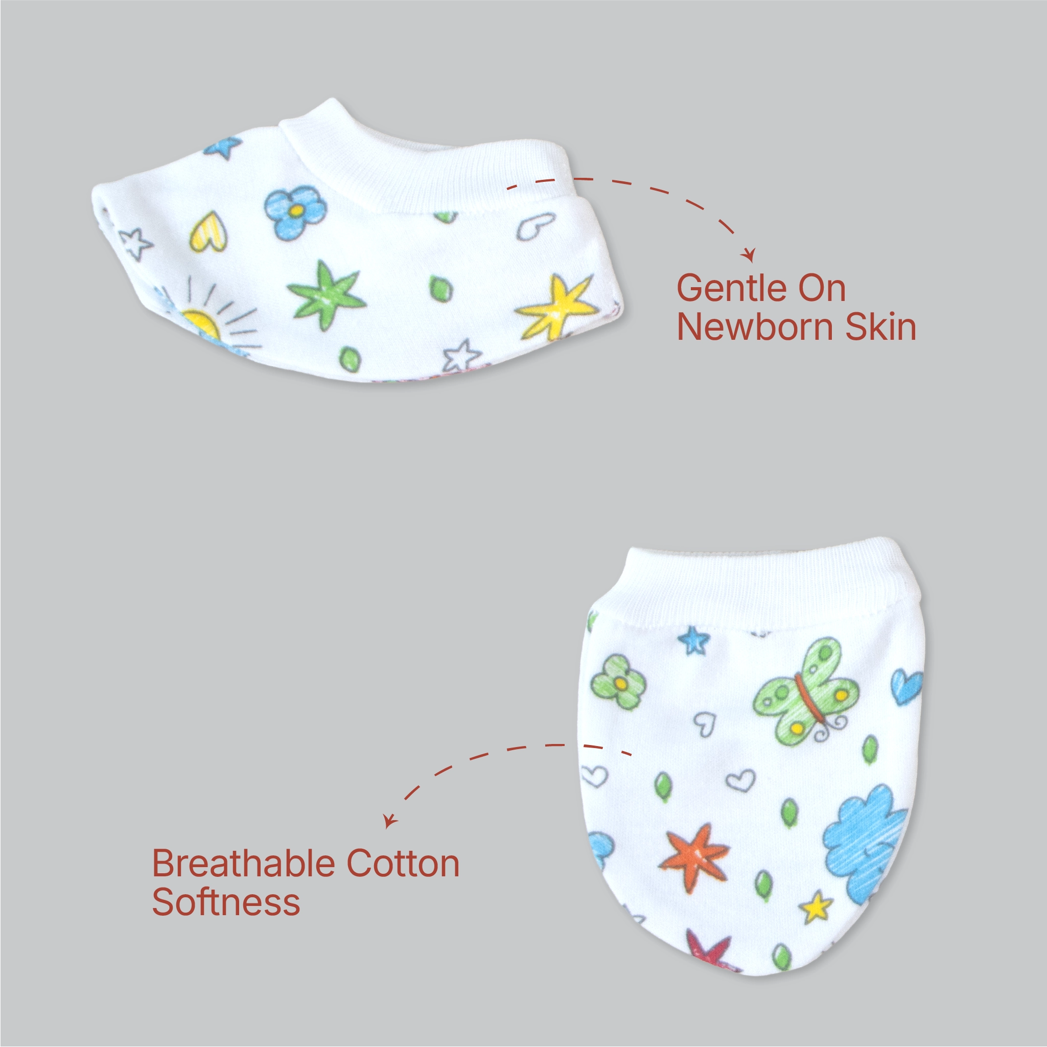 Kids Boon 4-Piece Baby Mittens and Booties Combo Set – 2 Pairs Soft Cotton Booties & 2 Pairs Scratch-Prevention Mittens for Newborns & Infants