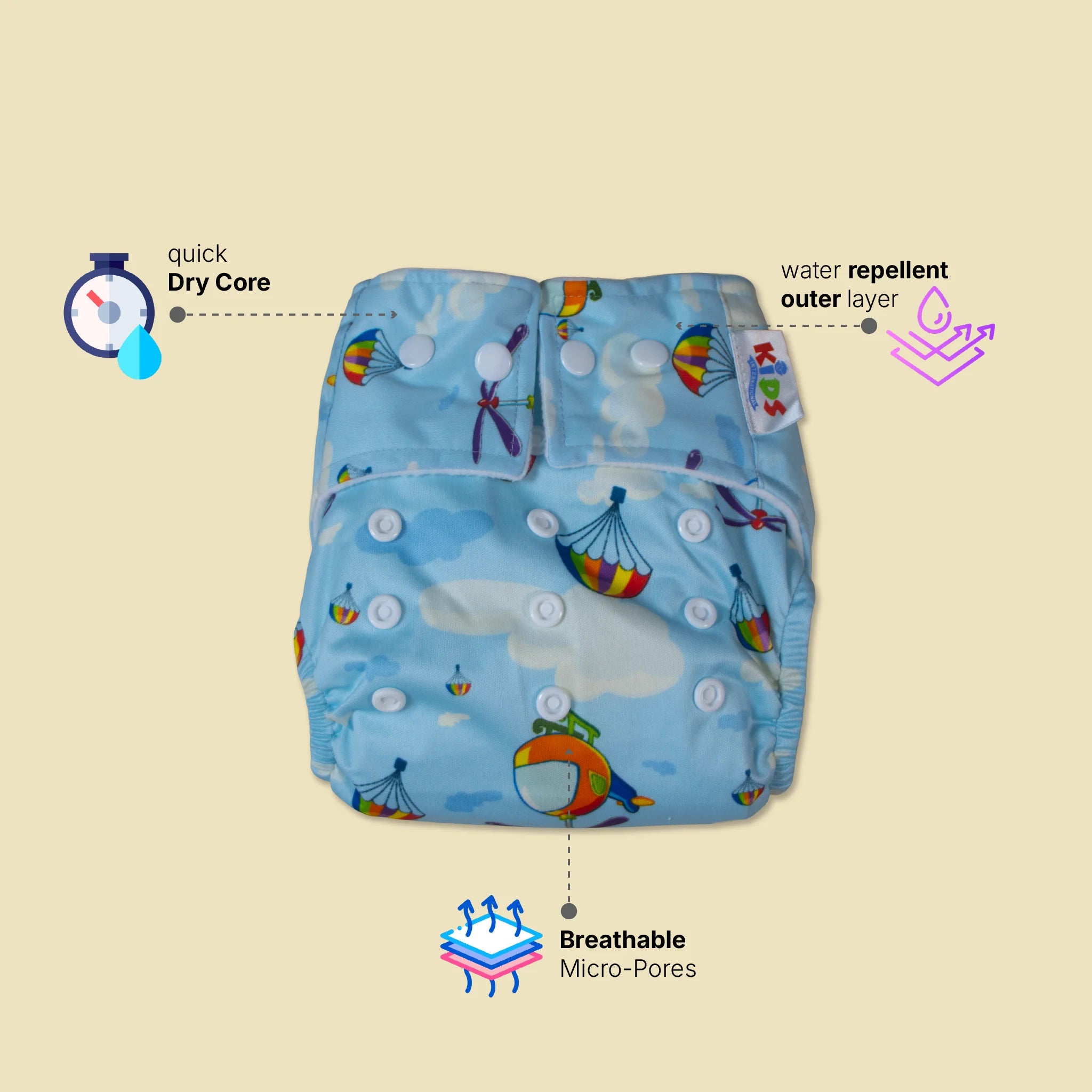 Reusable Cloth Baby Diaper with Integrated Absorbent Pad | Leak-Proof, Adjustable Snap Fit & Water-Resistant Outer Cover