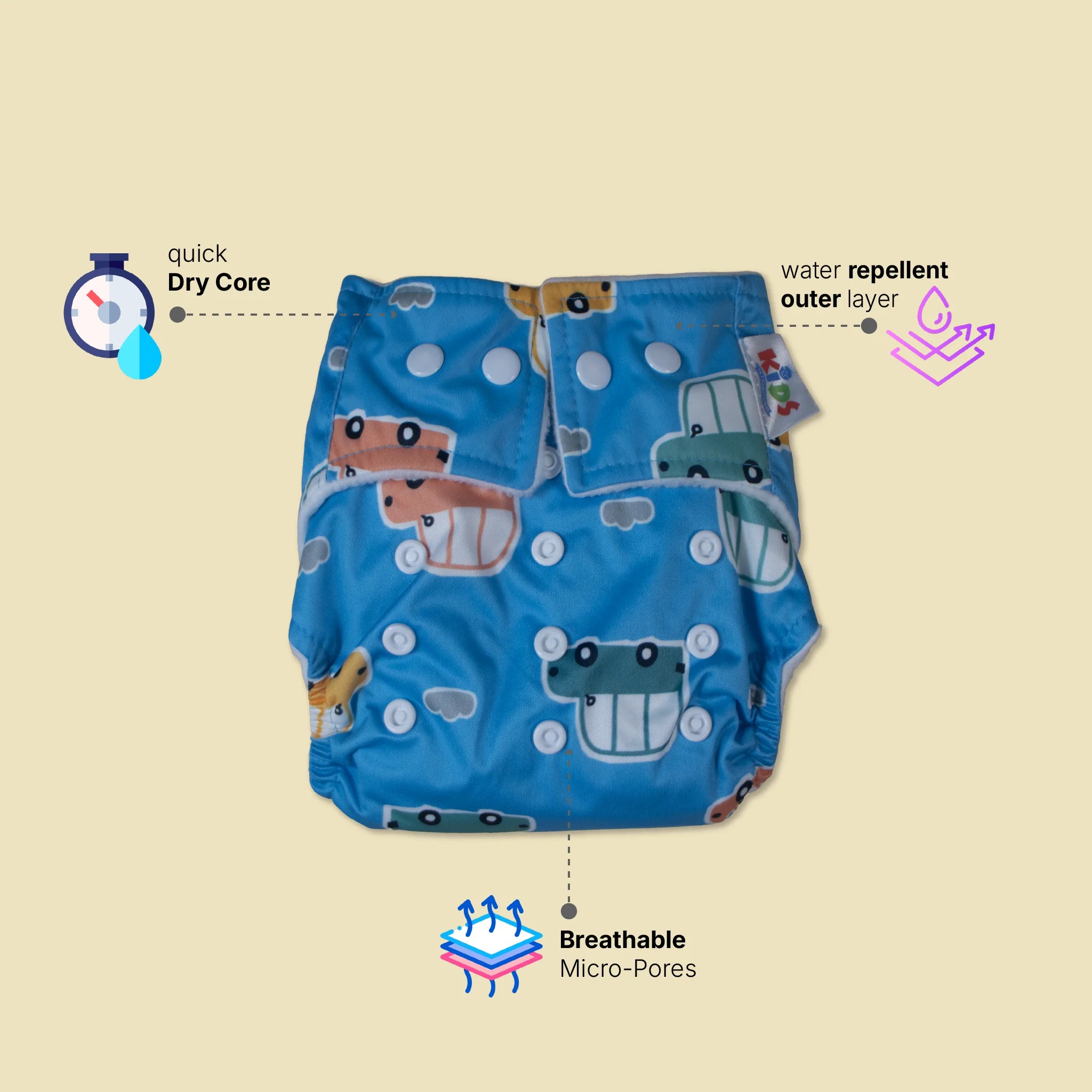 Reusable Cloth Baby Diaper with Integrated Absorbent Pad | Leak-Proof, Adjustable Snap Fit & Water-Resistant Outer Cover