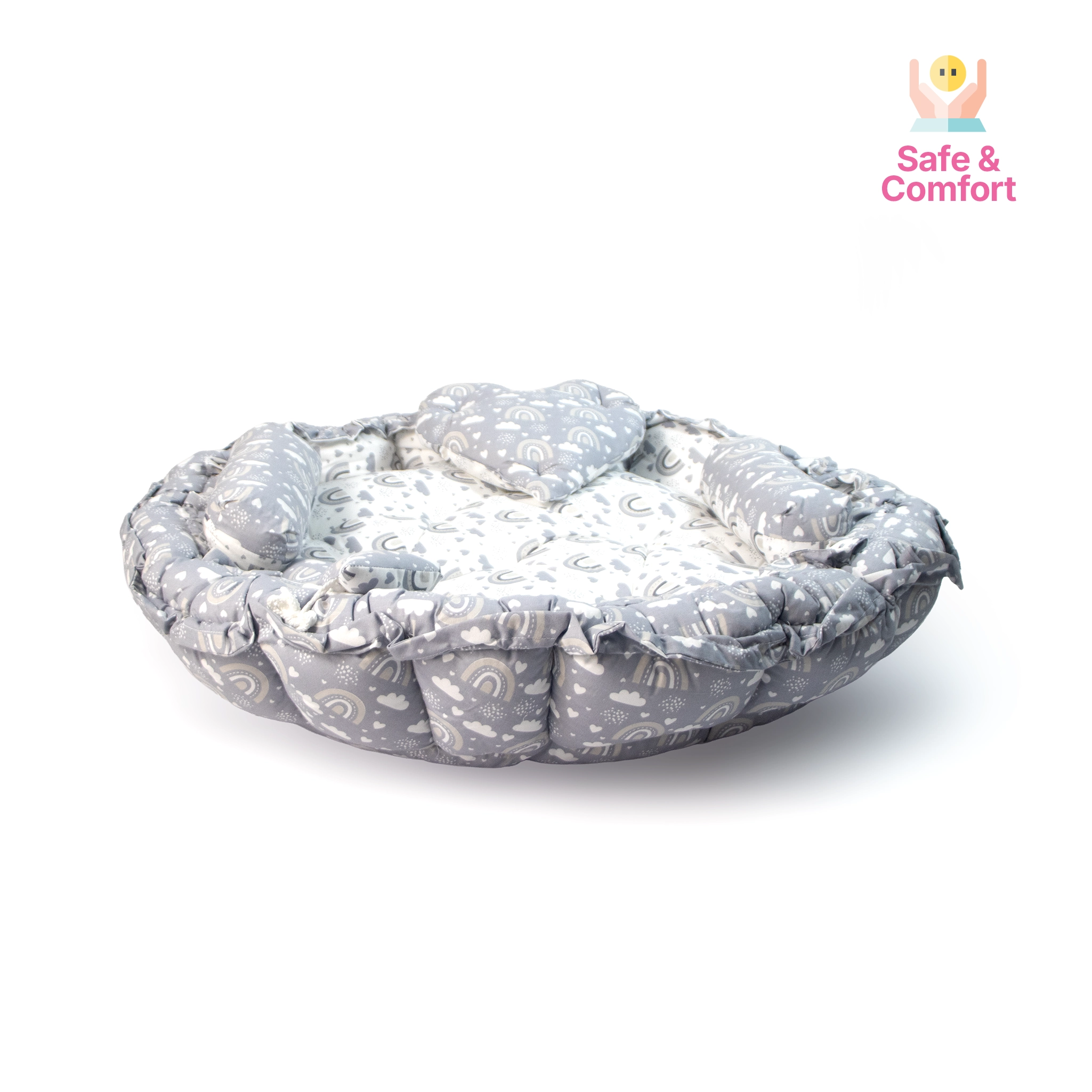 Kids Boon Reversible Round Baby Bed & Nest | Premium Sleeping Pod with Bolsters & Heart Pillow